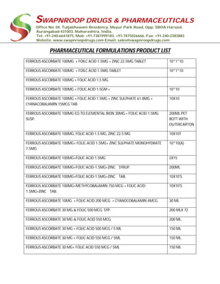 SWAPNROOP DRUGS & PHARMACEUTICALS
Office No: 04, Tuljabhawani Residency, Mayur Park Road, Opp. SBOA Harsool,
Aurangabad-431003, Maharashtra, India.
Tel: +91-240-6641875, Mob: +91-7387999183, +91-7875026666, Fax: +91-240-2383883
Website: www.swapnroopdrugs.com Email: sales@swapnroopdrugs.com
PHARMACEUTICAL FORMULATIONS PRODUCT LIST
FERROUS ASCORBATE 100MG + FOILC ACID 1.5MG + ZINC 22.5MG TABLET 10*1*10
FERROUS ASCORBATE 100MG + FOILC ACID 1.5MG TABLET 10*1*10
FERROUS ASCORBATE 100MG + FOLIC ACID 1.5 MG
FERROUS ASCORBATE 100MG + FOLIC ACID 1.5GM + 10*10
FERROUS ASCORBATE 100MG + FOLIC ACID 1.5MG + ZINC SULPHATE 61.8MG +
CYANACOBALAMIN 15MCG TAB
10X10
FERROUS ASCORBATE 100MG EQ.TO ELEMENTAL IRON 30MG + FOLIC ACID 1.5MG
SUSP.
200ML PET
BOTT WITH
OUTERCARTON
FERROUS ASCORBATE 100MG, FOLIC ACID 1.5 MG, ZINC 22.5 MG 10X10T
FERROUS ASCORBATE 100MG+ FOLIC ACID 1.5MG+ ZINC SULPHATE MONOHYDRATE
7.5MG
10*10(A)
FERROUS ASCORBATE 100MG+FOLIC ACID 1.5MG 2X15
FERROUS ASCORBATE 100MG+FOLIC ACID-1.5MG+ZINC SYRUP. 200ML
FERROUS ASCORBATE 100MG+FOLIC ACID-1.5MG+ZINC TAB. 10X10'S
FERROUS ASCORBATE 100MG+METHYCOBALAMIN 750 MCG + FOLIC ACID-
1.5MG+ZINC TAB.
10X10'S
FERROUS ASCORBATE 10MG. + FOLIC ACID 200 MCG. + CYANOCOBALAMIN 4MCG. 30 ML
FERROUS ASCORBATE 30 MG & FOLIC 500 MCG SYP. 200 MLX 72
FERROUS ASCORBATE 30 MG & FOLIC ACID 550 MCG 200 ML.
FERROUS ASCORBATE 30 MG + FOLIC ACID 500 MCG / 5 ML 150 ML
FERROUS ASCORBATE 30 MG + FOLIC ACID 550 MCG / 5ML 150 ML.
FERROUS ASCORBATE 30 MG+ FOLIC ACID 550 MCG / 5ML 150 ML
 