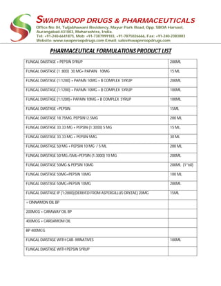 SWAPNROOP DRUGS & PHARMACEUTICALS
Office No: 04, Tuljabhawani Residency, Mayur Park Road, Opp. SBOA Harsool,
Aurangabad-431003, Maharashtra, India.
Tel: +91-240-6641875, Mob: +91-7387999183, +91-7875026666, Fax: +91-240-2383883
Website: www.swapnroopdrugs.com Email: sales@swapnroopdrugs.com
PHARMACEUTICAL FORMULATIONS PRODUCT LIST
FUNGAL DAISTASE + PEPSIN SYRUP 200ML
FUNGAL DIASTASE (1 :800) 30 MG+ PAPAIN 10MG 15 ML
FUNGAL DIASTASE (1:1200) + PAPAIN 10MG + B COMPLEX SYRUP 200ML
FUNGAL DIASTASE (1:1200) + PAPAIN 10MG + B COMPLEX SYRUP 100ML
FUNGAL DIASTASE (1:1200)+ PAPAIN 10MG + B COMPLEX SYRUP 100ML
FUNGAL DIASTASE +PEPSIN 15ML
FUNGAL DIASTASE 18.75MG, PEPSIN12.5MG 200 ML
FUNGAL DIASTASE 33.33 MG + PEPSIN (1:3000) 5 MG 15 ML.
FUNGAL DIASTASE 33.33 MG.+ PEPSIN 5MG. 30 ML
FUNGAL DIASTASE 50 MG + PEPSIN 10 MG / 5 ML 200 ML
FUNGAL DIASTASE 50 MG./5ML+PEPSIN (1:3000) 10 MG 200ML
FUNGAL DIASTASE 50MG & PEPSIN 10MG 200ML (1*60)
FUNGAL DIASTASE 50MG+PEPSIN 10MG 100 ML
FUNGAL DIASTASE 50MG+PEPSIN 10MG 200ML
FUNGAL DIASTASE IP (1:2000)(DERIVED FROM ASPERGILLUS ORYZAE) 20MG 15ML
+ CINNAMON OIL BP
200MCG + CARAWAY OIL BP
400MCG + CARDAMOM OIL
BP 400MCG
FUNGAL DIASTASE WITH CAR- MINATIVES 100ML
FUNGAL DIASTASE WITH PEPSIN SYRUP
 