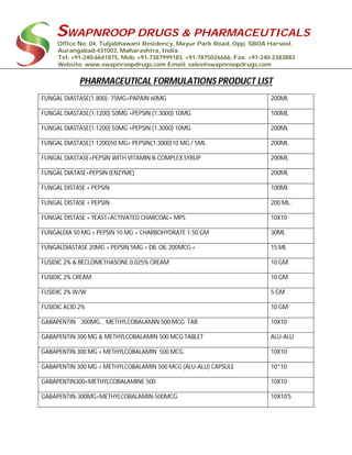 SWAPNROOP DRUGS & PHARMACEUTICALS
Office No: 04, Tuljabhawani Residency, Mayur Park Road, Opp. SBOA Harsool,
Aurangabad-431003, Maharashtra, India.
Tel: +91-240-6641875, Mob: +91-7387999183, +91-7875026666, Fax: +91-240-2383883
Website: www.swapnroopdrugs.com Email: sales@swapnroopdrugs.com
PHARMACEUTICAL FORMULATIONS PRODUCT LIST
FUNGAL DIASTASE(1.800)- 75MG+PAPAIN 60MG 200ML
FUNGAL DIASTASE(1:1200) 50MG +PEPSIN (1:3000) 10MG 100ML
FUNGAL DIASTASE(1:1200) 50MG +PEPSIN (1:3000) 10MG 200ML
FUNGAL DIASTASE(1:1200)50 MG+ PEPSIN(1:3000)10 MG / 5ML 200ML
FUNGAL DIASTASE+PEPSIN WITH VITAMIN B-COMPLEX SYRUP 200ML
FUNGAL DIATASE+PEPSIN (ENZYME) 200ML
FUNGAL DISTASE + PEPSIN 100ML
FUNGAL DISTASE + PEPSIN 200 ML.
FUNGAL DISTASE + YEAST+ACTIVATED CHARCOAL+ MPS 10X10
FUNGALDIA 50 MG + PEPSIN 10 MG + CHARBOHYDRATE 1.50 GM 30ML
FUNGALDIASTASE 20MG + PEPSIN 5MG + DIL OIL 200MCG + 15 ML
FUSIDIC 2% & BECLOMETHASONE 0.025% CREAM 10 GM
FUSIDIC 2% CREAM 10 GM
FUSIDIC 2% W/W 5 GM
FUSIDIC ACID 2% 10 GM
GABAPENTIN 300MG , METHYLCOBALAMIN 500 MCG TAB. 10X10
GABAPENTIN 300 MG & METHYLCOBALAMIN 500 MCG TABLET ALU-ALU
GABAPENTIN 300 MG + METHYLCOBALAMIN 500 MCG 10X10
GABAPENTIN 300 MG + METHYLCOBALAMIN 500 MCG (ALU-ALU) CAPSULE 10*10
GABAPENTIN300+METHYLCOBALAMINE 500 10X10
GABAPENTIN-300MG+METHYLCOBALAMIN-500MCG 10X10'S
 