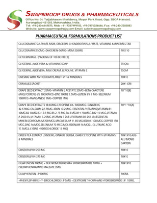 SWAPNROOP DRUGS & PHARMACEUTICALS
Office No: 04, Tuljabhawani Residency, Mayur Park Road, Opp. SBOA Harsool,
Aurangabad-431003, Maharashtra, India.
Tel: +91-240-6641875, Mob: +91-7387999183, +91-7875026666, Fax: +91-240-2383883
Website: www.swapnroopdrugs.com Email: sales@swapnroopdrugs.com
PHARMACEUTICAL FORMULATIONS PRODUCT LIST
GLUCOSAMINE SULPHATE,MSM, DIACERIN, CHONDROITIN SULPHATE, VITAMINS &MINERALS TAB
GLUCOSAMINE750MG+DIACEREIN-50MG+MSM-250MG 10 X 10
GLYCERIN BASE. (PACKING OF 100 BOTTLES)
GLYCERINE, ALOE VERA & VITAMIN E SOAP 75 GM.
GLYCERINE, ALOEVERA, MILK CREAM, LENOLINE, VITAMIN E 75GM
GNESING WITH ANTIOXIDANTS,MULTI VIT & MINERALS 10X10
GRANULES SACHET 20X1 GM
GRAPE SEED EXTRACT 25MG+VITAMIN E ACETATE 25MG+BETA CAROTENE
6MGLYCOPENE 6% 10000MCG+ZINC OXIDE 7.5MG+LUTEIN 8% 7 MG+SELENIUM
100MCG+MANGANESE 1MG+COPPER 1MG
10*10(B)
GRAPE SEED EXTRACTS 18.65MG+LYCOPENE 6% 5000MCG+GINGSENG
42.57MG+CALCIUM 22.75MG+IRON 10.25MG+ESSENTIAL VITAMINS(VITAMIN B1
10MG,B2 10MG.B3 12.5 MG,B5 2.75 MG,B6 3 MG,B9 1750MCG,B12 15 MCG,VITAMIN
A 2500 I.U,VITAMIN C 25MG.VITAMIN E 25 I.U.VITAMIN D3 25 I.U)+ESSENTAIL
MINERLS(CHROMIUM 200 MCG,MAGNESIUM 11.85 MG,IODINE 100 MCG,COPPER 150
MCG,ZINC 16 MCG,SELENIUM 70 MCG,MOLIBDENUM 16 MCG,L-GLUTAMIC ACID
17.5MG,L-LYSINE HYDROCHLORIDE 15 MG)
10*1*10(A)
GREEN TEA EXTRACT ,GINSENG, GINKGO BILOBA, GARLIC LYCOPENE WITH VITAMINS
& MINERALS
10X1X10 ALU-
ALU MONO
CARTON
GRISEOFULVIN 250 MG 10X10
GRISEOFULVIN 375 MG 10X10
GUAIFENESIN 100MG + DEXTROMETHORPHAN HYDROBROMIDE 10MG +
CHLORPHENIRAMINE MALEATE 2MG
10X1X10
GUAIPHENESIN I.P100MG 100ML
+PHENYLEPHRINE HY- DROCHLORIDE I.P 5MG + DEXTROMETH-ORPHANE HYDROBROMIDE I.P. 10MG,
 