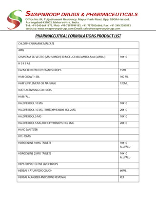 SWAPNROOP DRUGS & PHARMACEUTICALS
Office No: 04, Tuljabhawani Residency, Mayur Park Road, Opp. SBOA Harsool,
Aurangabad-431003, Maharashtra, India.
Tel: +91-240-6641875, Mob: +91-7387999183, +91-7875026666, Fax: +91-240-2383883
Website: www.swapnroopdrugs.com Email: sales@swapnroopdrugs.com
PHARMACEUTICAL FORMULATIONS PRODUCT LIST
CHLORPHENIRAMINE MALEATE
4MG
GYMNEMA SIL VESTRE (MAHSRINGH) 80 MGEUGENIA JAMBOLANA (JAMBU) 10X10
H E R B A L
HAEMETENIC WITH VITAMINS DROPS 15ML
HAIR GROWTH OIL 100 ML
HAIR SUPPLEMENT OIL NATURAL 120ML
ROOT ACTIVISING CONTROLS
HAIR FALL
HALOPERIDOL 10 MG 10X10
HALOPERIDOL 10 MG,TRIHEXYPHENIDYL HCL 2MG 20X10
HALOPERIDOL 5 MG 10X10
HALOPERIDOL 5 MG,TRIHEXYPHENIDYL HCL 2MG 20X10
HAND SANITIZER
HCL-10MG
HDROXYZINE 10MG TABLETS 10X10
ALU/ALU
HDROXYZINE 25MG TABLETS 10X10
ALU/ALU
HEPATO PROTECTIVE LIVER DROPS
HERBAL / AYURVEDIC COUGH 60ML
HERBAL ALKALIZER AND STONE REMOVAL PET
 