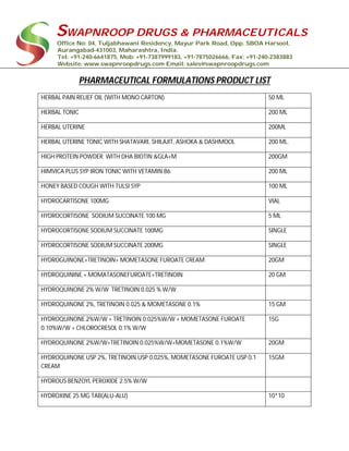 SWAPNROOP DRUGS & PHARMACEUTICALS
Office No: 04, Tuljabhawani Residency, Mayur Park Road, Opp. SBOA Harsool,
Aurangabad-431003, Maharashtra, India.
Tel: +91-240-6641875, Mob: +91-7387999183, +91-7875026666, Fax: +91-240-2383883
Website: www.swapnroopdrugs.com Email: sales@swapnroopdrugs.com
PHARMACEUTICAL FORMULATIONS PRODUCT LIST
HERBAL PAIN RELIEF OIL (WITH MONO CARTON) 50 ML
HERBAL TONIC 200 ML
HERBAL UTERINE 200ML
HERBAL UTERINE TONIC WITH SHATAVARI, SHILAJIT, ASHOKA & DASHMOOL 200 ML.
HIGH PROTEIN POWDER WITH DHA BIOTIN &GLA+M 200GM
HIMVICA PLUS SYP IRON TONIC WITH VETAMIN B6 200 ML
HONEY BASED COUGH WITH TULSI SYP 100 ML
HYDROCARTISONE 100MG VIAL
HYDROCORTISONE SODIUM SUCCINATE 100 MG 5 ML
HYDROCORTISONE SODIUM SUCCINATE 100MG SINGLE
HYDROCORTISONE SODIUM SUCCINATE 200MG SINGLE
HYDROGUINONE+TRETINOIN+ MOMETASONE FUROATE CREAM 20GM
HYDROQUININE + MOMATASONEFUROATE+TRETINOIN 20 GM
HYDROQUINONE 2% W/W TRETINOIN 0.025 % W/W
HYDROQUINONE 2%, TRETINOIN 0.025 & MOMETASONE 0.1% 15 GM
HYDROQUINONE 2%W/W + TRETINOIN 0.025%W/W + MOMETASONE FUROATE
0.10%W/W + CHLOROCRESOL 0.1% W/W
15G
HYDROQUINONE 2%W/W+TRETINOIN 0.025%W/W+MOMETASONE 0.1%W/W 20GM
HYDROQUINONE USP 2%, TRETINOIN USP 0.025%, MOMETASONE FUROATE USP 0.1
CREAM
15GM
HYDROUS BENZOYL PEROXIDE 2.5% W/W
HYDROXINE 25 MG TAB(ALU-ALU) 10*10
 