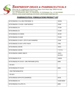 SWAPNROOP DRUGS & PHARMACEUTICALS
Office No: 04, Tuljabhawani Residency, Mayur Park Road, Opp. SBOA Harsool,
Aurangabad-431003, Maharashtra, India.
Tel: +91-240-6641875, Mob: +91-7387999183, +91-7875026666, Fax: +91-240-2383883
Website: www.swapnroopdrugs.com Email: sales@swapnroopdrugs.com
PHARMACEUTICAL FORMULATIONS PRODUCT LIST
KETOCONAZOLE 2 % & ZINC PYRITHIONE 1% 100 ML
KETOCONAZOLE 2 % W/W + SOAP NOODLES 75GM
KETOCONAZOLE 2% 75 GM.
KETOCONAZOLE 2% 15 GM
KETOCONAZOLE 2% CREAM 30 GM
KETOCONAZOLE 2% SOAP 75 GM.
KETOCONAZOLE 2% W/V + ZPTO 1% W/V SHAMPOO 75 ML.
KETOCONAZOLE 2% W/V +ZPTO 1%W/V 15ML.
KETOCONAZOLE 200 MG 10X10
KETOCONAZOLE 200 MG 1*10*10
KETOCONAZOLE 200MG TABLETS 10X10
ALU/ALU
KETOCONAZOLE IP 2% 100GM
KETOCONAZOLE IP 2% W/V + ZINC PYRITHIONE (ZPTO) 60ML
1.0% W/V
KETOCONAZOLE IP 2% W/V. 60ML
+ ZINC PYRITHIONE(ZPTO)
1.0% W/V.
KETOCONAZOLE WITH ZPTO (SHAMPOO) 60 ML
KETOCONAZOLE-2% 15GM/30GM
KETOCONAZOLE-2%+ZPTO-1% 60ML
 