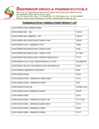 SWAPNROOP DRUGS & PHARMACEUTICALS
Office No: 04, Tuljabhawani Residency, Mayur Park Road, Opp. SBOA Harsool,
Aurangabad-431003, Maharashtra, India.
Tel: +91-240-6641875, Mob: +91-7387999183, +91-7875026666, Fax: +91-240-2383883
Website: www.swapnroopdrugs.com Email: sales@swapnroopdrugs.com
PHARMACEUTICAL FORMULATIONS PRODUCT LIST
LEVOCETRIZINE2.5MG+AMBROXOL30MG
LEVOCETRIZINE-5MG TAB. 10X10'S
LEVOCETRIZINE-5MG+AMBROXOL TAB. 10X10'S
LEVOCETRIZINE-5MG+MONTELUKAST SODIUM-10MG 10X10'S
LEVOCITIRIZINE 2.5MG + AMBROXOL 15 MG 100ML
LEVOCITRIZINE 5MG+MONTELUKAST SODIUM 10 MG 30 ML
LEVOCITRIZINE 5MG+MONTELUKAST SODIUM 10 MG 10*10(A)
LEVOCITRIZINE 5MG+MONTELUKAST SODIUM 10 MG(ALU-ALU) 10*10
LEVOCITRIZINE HCL I.P 2.5 MG, PHENYLEPHRINE HCL I.P 5 MG 10X10BLISTER
LEVOFLOXACIN 500 MG + SACCHARAYCES WITH LACTOBACILLUS 10X10
LEVOFLOXACIN & ORNIDAZOLE SUSPENSION 30ML
LEVOFLOXACIN 250 MG 10X10
LEVOFLOXACIN 250 MG +ORNIDAZOLE 500MG TABLET 10*10
LEVOFLOXACIN 250 MG + ORNIDAZOLE 500MG 3X10
LEVOFLOXACIN 250 MG TAB 10X10ALU-ALU
LEVOFLOXACIN 250 MG, ORNIDAZOLE 500 MG 10X10T
LEVOFLOXACIN 250MG 10X10
LEVOFLOXACIN 250MG + ORNIDAZOLE 500 MG TAB 10*1*10(A)
LEVOFLOXACIN 250MG +ORNIDAZOLE500MG TABLET 10*10
LEVOFLOXACIN 250MG + ORNIDAZOLE 500MG 10X10
LEVOFLOXACIN 250MG + ORNIDAZOLE 500MG 10*10
 