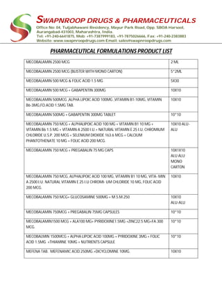 SWAPNROOP DRUGS & PHARMACEUTICALS
Office No: 04, Tuljabhawani Residency, Mayur Park Road, Opp. SBOA Harsool,
Aurangabad-431003, Maharashtra, India.
Tel: +91-240-6641875, Mob: +91-7387999183, +91-7875026666, Fax: +91-240-2383883
Website: www.swapnroopdrugs.com Email: sales@swapnroopdrugs.com
PHARMACEUTICAL FORMULATIONS PRODUCT LIST
MECOBALAMIN 2500 MCG 2 ML
MECOBALAMIN 2500 MCG (BLISTER WITH MONO CARTON) 5*2ML
MECOBALAMIN 500 MCG & FOLIC ACID 1.5 MG 5X30
MECOBALAMIN 500 MCG + GABAPENTIN 300MG 10X10
MECOBALAMIN 500MCG ,ALPHA LIPOIC ACID 100MG ,VITAMIN B1-10MG, VITAMIN
B6-3MG,FO.ACID 1.5MG TAB.
10X10
MECOBALAMIN 500MG + GABAPENTIN 300MG TABLET 10*10
MECOBALAMIN 750 MCG + ALPHALIPOIC ACID 100 MG + VITAMIN B1 10 MG +
VITAMIN B6 1.5 MG + VITAMIN A 2500 I.U.+ NATURAL VITAMIN E 25 I.U. CHROMIUM
CHLORIDE U.S.P. 200 MCG + SELENIUM DIOXIDE 163.6 MCG + CALCIUM
PHANTOTHENATE 10 MG + FOLIC ACID 200 MCG.
10X10 ALU-
ALU
MECOBALAMIN 750 MCG + PREGABALIN 75 MG CAPS 10X1X10
ALU ALU
MONO
CARTON
MECOBALAMIN 750 MCG, ALPHALIPOIC ACID 100 MG, VITAMIN B1 10 MG, VITA- MIN
A 2500 I.U. NATURAL VITAMIN E 25 I.U CHROMI- UM CHLORIDE 10 MG, FOLIC ACID
200 MCG.
10X10
MECOBALAMIN 750 MCG+ GLUCOSAMINE 500MG + M.S.M.250 10X10
ALU-ALU
MECOBALAMIN 750MCG + PREGABALIN 75MG CAPSULES 10*10
MECOBALAMIN1500 MCG + ALA100 MG+ PYRIDOXINE1.5MG +ZINC22.5 MG+FA.300
MCG.
10*10
MECOBALMIN 1500MCG + ALPHA LIPOIC ACID 100MG + PYRIDOXINE 3MG + FOLIC
ACID 1.5MG +THIAMINE 10MG + NUTRIENTS CAPSULE
10*10
MEFENA TAB. MEFENAMIC ACID 250MG.+DICYCLOMINE 10MG. 10X10
 