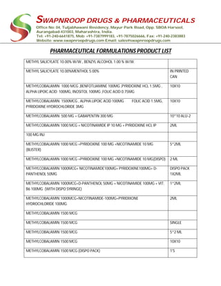 SWAPNROOP DRUGS & PHARMACEUTICALS
Office No: 04, Tuljabhawani Residency, Mayur Park Road, Opp. SBOA Harsool,
Aurangabad-431003, Maharashtra, India.
Tel: +91-240-6641875, Mob: +91-7387999183, +91-7875026666, Fax: +91-240-2383883
Website: www.swapnroopdrugs.com Email: sales@swapnroopdrugs.com
PHARMACEUTICAL FORMULATIONS PRODUCT LIST
METHYL SALICYLATE 10.00% W/W., BENZYL ALCOHOL 1.00 % W/W.
METHYL SALICYLATE 10.00%MENTHOL 5.00% IN PRINTED
CAN
METHYLCOBALAMIN 1000 MCG ,BENFOTLIAMINE 100MG ,PYRIDOXINE HCL 1.5MG ,
ALPHA LIPOIC ACID 100MG, INOSITOL 100MG ,FOLIC ACID 0.75MG
10X10
METHYLCOBALAMIN 1500MCG , ALPHA LIPOIC ACID 100MG FOLIC ACID 1.5MG,
PYRIDOXINE HYDROCHLORIDE 3MG
10X10
METHYLCOBALAMIN 500 MG + GABAPENTIN 300 MG 10*10 ALU-2
METHYLCOBALAMIN 1000 MCG + NICOTINAMIDE IP 10 MG + PYRIDOXINE HCL IP 2ML
100 MG INJ
METHYLCOBALAMIN 1000 MCG +PYRIDOXINE 100 MG +NICOTINAMIDE 10 MG
(BLISTER)
5*2ML
METHYLCOBALAMIN 1000 MCG +PYRIDOXINE 100 MG +NICOTINAMIDE 10 MG(DISPO) 2 ML
METHYLCOBALAMIN 1000MCG+ NICOTINAMIDE100MG+ PYRIDOXINE100MG+ D-
PANTHENOL 50MG
DISPO PACK
1X2ML
METHYLCOBALAMIN 1000MCG+D-PANTHENOL 50MG + NICOTINAMIDE 100MG + VIT.
B6 100MG (WITH DISPO SYRINGE)
1*2ML
METHYLCOBALAMIN 1000MCG+NICOTINAMIDE-100MG+PYRIDIXONE
HYDROCHLORIDE 100MG
2ML
METHYLCOBALAMIN 1500 MCG
METHYLCOBALAMIN 1500 MCG SINGLE
METHYLCOBALAMIN 1500 MCG 5*2 ML
METHYLCOBALAMIN 1500 MCG 10X10
METHYLCOBALAMIN 1500 MCG (DISPO PACK) 1'S
 