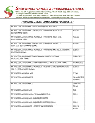 SWAPNROOP DRUGS & PHARMACEUTICALS
Office No: 04, Tuljabhawani Residency, Mayur Park Road, Opp. SBOA Harsool,
Aurangabad-431003, Maharashtra, India.
Tel: +91-240-6641875, Mob: +91-7387999183, +91-7875026666, Fax: +91-240-2383883
Website: www.swapnroopdrugs.com Email: sales@swapnroopdrugs.com
PHARMACEUTICAL FORMULATIONS PRODUCT LIST
METHYLCOBALAMIN 1500MCG + CALCIUM CARBONATE 500MG +
METHYLCOBALAMIN 1500MCG +ALA 100MG +PYRIDOXINE +FOLIC ACID+
BENFOTIAMINE 100MG
ALU-ALU
METHYLCOBALAMIN 1500MCG +ALA 100MG +PYRIDOXINE +FOLIC ACID+
BENFOTIAMINE 10MG
ALU-ALU
METHYLCOBALAMIN 1500MCG +ALA 100MG +PYRIDOXINE 3MG +FOLIC
ACID1.5MG+BENFOTIAMINE 100 MG
ALU-ALU
METHYLCOBALAMIN 1500MCG +ALA 100MG +PYRIDOXINE 3MG.+FOLIC ACID1.5MG+
BENFOTIAMINE10MG
BLISTER
METHYLCOBALAMIN 1500MCG+NICOTINAMIDE-100MG+PYRIDIXONE
HYDROCHLORIDE 100MG
DISPO-PACK
METHYLCOBALAMIN 1500MCG+VITAMIN B6 COMPLEX+NICOTENAMIDE 100MG 1*5 AMP,2ML
METHYLCOBALAMIN 2000MCG+ ALA 100MG +INOSITOL 12.5MG+ BETA CAROTENE
30% - 5.17MG+ VITAMIN B6 5MG+
BLISTER
METHYLCOBALAMIN 2500 MCG 5*2ML
METHYLCOBALAMIN 2500MCG 5X1ML BLISTER
IN MONO
METHYLCOBALAMIN 2500MCG DISPO PACK
1X1ML
METHYLCOBALAMIN 500 MCG 1ML
METHYLCOBALAMIN 500 MCG& PREGABALIN (ALU-ALU) 10X10
METHYLCOBALAMIN 500 MCG+GABAPENTIN300 MG
METHYLCOBALAMIN 500 MCG+GABAPENTIN300 MG (ALU-ALU) 10X10
METHYLCOBALAMIN 500MCG + GABAPINTIN-300 MG TABS 10X1X10
ALU ALU
 