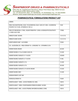 SWAPNROOP DRUGS & PHARMACEUTICALS
Office No: 04, Tuljabhawani Residency, Mayur Park Road, Opp. SBOA Harsool,
Aurangabad-431003, Maharashtra, India.
Tel: +91-240-6641875, Mob: +91-7387999183, +91-7875026666, Fax: +91-240-2383883
Website: www.swapnroopdrugs.com Email: sales@swapnroopdrugs.com
PHARMACEUTICAL FORMULATIONS PRODUCT LIST
200MG
MILK CALCIUM 950 MG, EQUI. TO ELEMENTAL CALCI- UM 237.5 MG + ELEMENTAL
PHOSPH118.75 MG, VITAMIN D3 100 I.U
1X30
MILK OF MAGNESIA 3.75ML, LIQUID PARAFFIN 1.25ML & SODIUM PICOSULPHATE
3.33MG EACH 5ML
170ML
MINOCYCLINE 100 MG 1 X 4 X 10
MINOCYCLINE 50 MG 1 X 4 X 10
MOISTURISER SOAP GLYCERINE 75GM
2% + ALOEVERA 2% + MILK CREAM 1% + LENOLINE 1% + VITAMIN E 0.5%
MOMETASON CREAM 20 GM
MOMETASONE 0.1% & FUSIDIC ACID 2% 10 GM
MOMETASONE FUROATE 0.1 % W/W 35GMS
MOMETASONE FUROATE 0.1 % W/W 15 ML
MOMETASONE FUROATE 0.1% 15 GM
MOMETASONE FUROATE 0.1% 30 GM
MOMETASONE FUROATE 0.1% W/W CREAM 10 GM
MOMETASONE OINT. 15 GM
MONOHYDRATE USP TAB
MONOSULFIRAM 5% 75GM
MONTELUKAST 10MG, LEVOCETRIZINE HCL 5MG 10X10
MONTELUKAST 10MG, FEXOFENADIN HYDROCHLORIDE 120 MG 10X10
MONTELUKAST 4MG, LEVOCETRIZINE DIHYDROCHLORIDE 2.5MG 10X10
 
