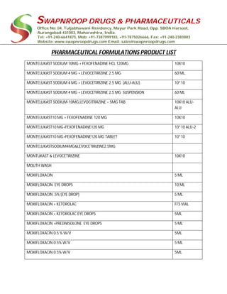 SWAPNROOP DRUGS & PHARMACEUTICALS
Office No: 04, Tuljabhawani Residency, Mayur Park Road, Opp. SBOA Harsool,
Aurangabad-431003, Maharashtra, India.
Tel: +91-240-6641875, Mob: +91-7387999183, +91-7875026666, Fax: +91-240-2383883
Website: www.swapnroopdrugs.com Email: sales@swapnroopdrugs.com
PHARMACEUTICAL FORMULATIONS PRODUCT LIST
MONTELUKAST SODIUM 10MG + FEXOFENADINE HCL 120MG 10X10
MONTELUKAST SODIUM 4 MG + LEVOCETIRIZINE 2.5 MG 60 ML.
MONTELUKAST SODIUM 4 MG + LEVOCETIRIZINE 2.5 MG (ALU-ALU) 10*10
MONTELUKAST SODIUM 4 MG + LEVOCETIRIZINE 2.5 MG SUSPENSION 60 ML
MONTELUKAST SODIUM-10MG,LEVOCITRAZINE – 5MG TAB 10X10 ALU-
ALU
MONTELUKAST10 MG + FEXOFENADINE 120 MG 10X10
MONTELUKAST10 MG+FEXOFENADINE120 MG 10*10 ALU-2
MONTELUKAST10 MG+FEXOFENADINE120 MG TABLET 10*10
MONTELUKASTSODIUM4MG&LEVOCETIRIZINE2.5MG
MONTUKAST & LEVOCETIRIZINE 10X10
MOUTH WASH
MOXIFLOXACIN 5 ML
MOXIFLOXACIN EYE DROPS 10 ML
MOXIFLOXACIN .5% (EYE DROP) 5 ML
MOXIFLOXACIN + KETOROLAC FFS VIAL
MOXIFLOXACIN + KETOROLAC EYE DROPS 5ML
MOXIFLOXACIN +PREDNISOLONE EYE DROPS 5 ML
MOXIFLOXACIN 0.5 % W/V 5ML
MOXIFLOXACIN 0.5% W/V 5 ML
MOXIFLOXACIN 0.5% W/V 5ML
 