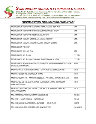 SWAPNROOP DRUGS & PHARMACEUTICALS
Office No: 04, Tuljabhawani Residency, Mayur Park Road, Opp. SBOA Harsool,
Aurangabad-431003, Maharashtra, India.
Tel: +91-240-6641875, Mob: +91-7387999183, +91-7875026666, Fax: +91-240-2383883
Website: www.swapnroopdrugs.com Email: sales@swapnroopdrugs.com
PHARMACEUTICAL FORMULATIONS PRODUCT LIST
MOXIFLOXACIN 0.5% W/V & KETOROLAC TROMETHAMINE 0.5% W/V 5 ML
MOXIFLOXACIN 0.5% W/V & LOTEPREDNOL ETABONATE 0.5 % W/V 5 ML
MOXIFLOXACIN 0.5% W/V & PREDNISOLONE 1% W/V 5 ML
MOXIFLOXACIN 0.5%W/V & KETROLAC0.5%W/V EYE DROP 5 ML.
MOXIFLOXACIN 0.5%W/V, DEXAMETHASONE 0.1%W/V & HPMC 5 ML
MOXIFLOXACIN EYE DROP
MOXIFLOXACIN HCI 0.5 % W/V 5 ML
MOXIFLOXACIN HCL IP 0.5% FFS VIAL
MOXIFLOXACIN HCL IP 0.5%+KETOROLAC TROMETHAMINE IP 0.05% FFS VIAL
MOXIFLOXACIN HYDROCHLORIDE IP EQUIVALENT TO MOXIFLOXACIN BASE 0.5% W/V ,
STERILIZED PARAFIN BASE
5 GM
MOXYDAY IF CAP AMOXYCILLIN 500MG + LACTIC ACID BAC.60 MILLION SPO 10X10
MOXYDAY-250 DT TAB AMOXYCILLIN 250MG. 10X10
MOXYDAY-CV DRY SYP. AMOXYCILLIN 200MG.+POTASSIUM CLAVUNATE 28.5MG 30 ML
MOXYDAY-CV-625 TAB. (ALU ALU PACK) AMOXYCILLIN 500MG.+POTASSIUM
CLAVUNATE 125MG
10X10
MOXYDAY-CV-KID TAB. (ALU ALU PACK) AMOXYCILLIN 200MG.+POTASSIUM
CLAVUNATE 28.5MG
10X10
MULTI MINERALS / MULTI VITAMINS GRANULES (IP) 200 GM
MULTI VIT. + MULTI MINERAL + ANTIOXIDANT 200 ML.
MULTI VITAMIN & MULTIMINERALS CAPSULES (ALLU-ALLU) 10 X 10
MULTI VITAMINS, MULTI MINERALS SYP.(ZINCOVIT TYPE) 200 MLX 70
 