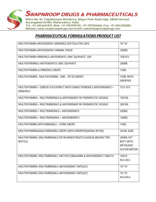 SWAPNROOP DRUGS & PHARMACEUTICALS
Office No: 04, Tuljabhawani Residency, Mayur Park Road, Opp. SBOA Harsool,
Aurangabad-431003, Maharashtra, India.
Tel: +91-240-6641875, Mob: +91-7387999183, +91-7875026666, Fax: +91-240-2383883
Website: www.swapnroopdrugs.com Email: sales@swapnroopdrugs.com
PHARMACEUTICAL FORMULATIONS PRODUCT LIST
MULTIVITAMIN+ANTIOXIDENT+MINERALS SOFTGELETIN CAPS 10*10
MULTIVITAMIN+ANTIOXIDIENT+MINRAL SYRUP 200ML
MULTIVITAMIN+MINERALS+ANTIOXIDATE+ZINC SULPHATE CAP. 10X10'S
MULTIVITAMINES+ANTIOXIDATES+ZINC SULPHATE 200ML
MULTIVITAMINS & MINERALS DROPS 15ML
MULTIVITAMINS , MULTIVITAMINS , ZINC , VIT D3 DROPS 15ML WITH
DROPPER
MULTIVITAMINS + (GREEN TEA EXTRACT WITH GARLIC POWDER )+ANTIOXIDANTS +
MINERALS
10 X 10'S
MULTIVITAMINS + MULTIMINERALS & ANTIOXIDANT IN THERAPEUTIC DOSAGE 100 ML.
MULTIVITAMINS + MULTIMINERALS & ANTIOXIDANT IN THERAPEUTIC DOSAGE 200 ML.
MULTIVITAMINS + MULTIMINERALS + ANTIOXIDANTS 200ML
MULTIVITAMINS + MULTIMINERALS + ANTIOXIDANTS 100ML
MULTIVITAMINS WITH MINERALS - LYSINE DROPS 15ML
MULTIVITAMINS&MULTIMINERALS DROPS (WITH DROPPER)(AVAIL IN FEB) 30 ML X200
MULTIVITAMINS, MULTIMINERALS SYP IN MIXED FRUITS FLAVOUR (BEVON TYPE
BOTTLE)
200ML PET
BOTT WITH
METALISED
OUTERCARTON
MULTIVITAMINS, MULTIMINERALS, METHYLCOBALAMIN & ANTIOXIDANTS TABLETS 10X10
ALU-ALU
MULTIVITAMINS+MULTIMINERALS+ANTIOXIDANT CAPSULES 10*10
MULTIVITAMINS+MULTIMINERALS+ANTIOXIDANT CAPSULES 10*10
ALU/ALU
 