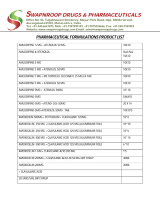 SWAPNROOP DRUGS & PHARMACEUTICALS
Office No: 04, Tuljabhawani Residency, Mayur Park Road, Opp. SBOA Harsool,
Aurangabad-431003, Maharashtra, India.
Tel: +91-240-6641875, Mob: +91-7387999183, +91-7875026666, Fax: +91-240-2383883
Website: www.swapnroopdrugs.com Email: sales@swapnroopdrugs.com
PHARMACEUTICAL FORMULATIONS PRODUCT LIST
AMLODIPINE 5 MG + ATENOLOL 50 MG 10X10
AMLODIPINE & ATENOLOL ALU ALU
10X10
AMLODIPINE 5 MG 10X10
AMLODIPINE 5 MG + ATENOLOL 50 MG 10X10
AMLODIPINE 5 MG + METOPROLOL SUCCINATE 25 MG ER TAB 10X10
AMLODIPINE 5 MG.+ ATENOLOL 50 MG. 10X10
AMLODIPINE 5MG + ATENILOL 50MG 10*10
AMLODIPINE-5MG 5X6X10
AMLODIPINE-5MG + ATENO- LOL-50MG 20 X 14
AMLODIPINE-5MG+ATENOLOL-50MG TAB. 10X10'S
AMOXICILIN 500MG + POTTASIUM + CLAVULANIC 125MG 10*6
AMOXICILLIN 250 MG + CLAVULANIC ACID 125 MG (ALUMINIUM FOIL) 10*10
AMOXICILLIN 250 MG + CLAVULANIC ACID 125 MG (ALUMINIUM FOIL) 10*6
AMOXICILLIN 500 MG + CLAVULANIC ACID 125 MG (ALUMINIUM FOIL) 10*10
AMOXICILLIN 500 MG + CLAVULANIC ACID 125 MG (ALUMINIUM FOIL) 6*10
AMOXICILLIN 1 GM + CLAVULANIC ACID 200 MG 1'S
AMOXICILLIN 200MG + CLAVULANIC ACID-28.50 MG DRY SYRUP 30ML
AMOXICILLIN 200MG 30ML
+ CLAVULANIC ACID
28.5MG/5ML DRY SYRUP
 