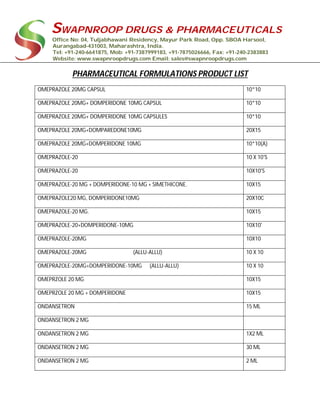 SWAPNROOP DRUGS & PHARMACEUTICALS
Office No: 04, Tuljabhawani Residency, Mayur Park Road, Opp. SBOA Harsool,
Aurangabad-431003, Maharashtra, India.
Tel: +91-240-6641875, Mob: +91-7387999183, +91-7875026666, Fax: +91-240-2383883
Website: www.swapnroopdrugs.com Email: sales@swapnroopdrugs.com
PHARMACEUTICAL FORMULATIONS PRODUCT LIST
OMEPRAZOLE 20MG CAPSUL 10*10
OMEPRAZOLE 20MG+ DOMPERIDONE 10MG CAPSUL 10*10
OMEPRAZOLE 20MG+ DOMPERIDONE 10MG CAPSULES 10*10
OMEPRAZOLE 20MG+DOMPAREDONE10MG 20X15
OMEPRAZOLE 20MG+DOMPERIDONE 10MG 10*10(A)
OMEPRAZOLE-20 10 X 10'S
OMEPRAZOLE-20 10X10'S
OMEPRAZOLE-20 MG + DOMPERIDONE-10 MG + SIMETHICONE. 10X15
OMEPRAZOLE20 MG, DOMPERIDONE10MG 20X10C
OMEPRAZOLE-20 MG. 10X15
OMEPRAZOLE-20+DOMPERIDONE-10MG 10X10'
OMEPRAZOLE-20MG 10X10
OMEPRAZOLE-20MG (ALLU-ALLU) 10 X 10
OMEPRAZOLE-20MG+DOMPERIDONE-10MG (ALLU-ALLU) 10 X 10
OMEPRZOLE 20 MG 10X15
OMEPRZOLE 20 MG + DOMPERIDONE 10X15
ONDANSETRON 15 ML
ONDANSETRON 2 MG
ONDANSETRON 2 MG 1X2 ML
ONDANSETRON 2 MG 30 ML
ONDANSETRON 2 MG 2 ML
 