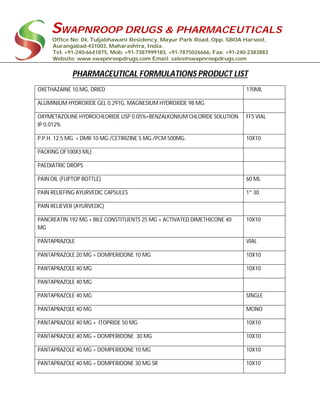 SWAPNROOP DRUGS & PHARMACEUTICALS
Office No: 04, Tuljabhawani Residency, Mayur Park Road, Opp. SBOA Harsool,
Aurangabad-431003, Maharashtra, India.
Tel: +91-240-6641875, Mob: +91-7387999183, +91-7875026666, Fax: +91-240-2383883
Website: www.swapnroopdrugs.com Email: sales@swapnroopdrugs.com
PHARMACEUTICAL FORMULATIONS PRODUCT LIST
OXETHAZAINE 10 MG, DRIED 170ML
ALUMINIUM HYDROXIDE GEL 0.291G, MAGNESIUM HYDROXIDE 98 MG.
OXYMETAZOLINE HYDROCHLORIDE USP 0.05%+BENZALKONIUM CHLORIDE SOLUTION
IP 0.012%
FFS VIAL
P.P.H. 12.5 MG. + DMR 10 MG./CETIRIZINE 5 MG./PCM 500MG. 10X10
PACKING OF100X3 ML)
PAEDIATRIC DROPS
PAIN OIL (FLIPTOP BOTTLE) 60 ML
PAIN RELIEFING AYURVEDIC CAPSULES 1* 30
PAIN RELIEVER (AYURVEDIC)
PANCREATIN 192 MG + BILE CONSTITUENTS 25 MG + ACTIVATED DIMETHICONE 40
MG
10X10
PANTAPRAZOLE VIAL
PANTAPRAZOLE 20 MG + DOMPERIDONE 10 MG 10X10
PANTAPRAZOLE 40 MG 10X10
PANTAPRAZOLE 40 MG
PANTAPRAZOLE 40 MG SINGLE
PANTAPRAZOLE 40 MG MONO
PANTAPRAZOLE 40 MG + ITOPRIDE 50 MG 10X10
PANTAPRAZOLE 40 MG + DOMPERIDONE 30 MG 10X10
PANTAPRAZOLE 40 MG + DOMPERIDONE 10 MG 10X10
PANTAPRAZOLE 40 MG + DOMPERIDONE 30 MG SR 10X10
 