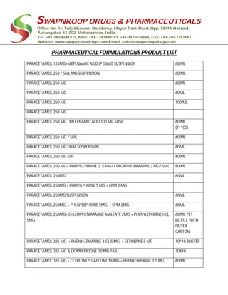 SWAPNROOP DRUGS & PHARMACEUTICALS
Office No: 04, Tuljabhawani Residency, Mayur Park Road, Opp. SBOA Harsool,
Aurangabad-431003, Maharashtra, India.
Tel: +91-240-6641875, Mob: +91-7387999183, +91-7875026666, Fax: +91-240-2383883
Website: www.swapnroopdrugs.com Email: sales@swapnroopdrugs.com
PHARMACEUTICAL FORMULATIONS PRODUCT LIST
PARACETAMOL 125MG+MEFENAMIC ACID IP 50MG SUSPENSION 60 ML
PARACETAMOL 250 / 5ML MG SUSPENSION 60 ML
PARACETAMOL 250 MG 60 ML
PARACETAMOL 250 MG 60ML
PARACETAMOL 250 MG 100 ML.
PARACETAMOL 250 MG
PARACETAMOL 250 MG , MEFENAMIC ACID 100 MG SUSP. 60 ML
(1*100)
PARACETAMOL 250 MG / 5ML 60 ML
PARACETAMOL 250 MG ORAL SUSPENSION 60ML
PARACETAMOL 250 MG SUS 60 ML
PARACETAMOL 250 MG+ PHENYLEPHRINE 2. 5 MG+ CHLORPHENIRAMINE 2 MG/ 5ML 60 ML
PARACETAMOL 250MG 60ML
PARACETAMOL 250MG + PHENYLPHRINE 5 MG + CPM 2 MG
PARACETAMOL 250MG SUSPENSION 60ML
PARACETAMOL 250MG. + PHENYLEPHRINE 5MG. + CPM 2MG. 60ML
PARACETAMOL 250MG+ CHLORPHENIRAMINE MALEATE 2MG + PHENYLEPHRINE HCL
5MG
60 ML PET
BOTTLE WITH
OUTER
CARTON
PARACETAMOL 325 MG + PHENYLEPHARINE HCL 5 MG + CETIRIZINE 5 MG 10*10 BLISTER
PARACETAMOL 325 MG & DOMPERIDONE 10 MG TAB. 10X10
PARACETAMOL 325 MG + CETRIZINE 5 CAFFEINE 16 MG + PHENYLEPHRINE 2.5 MG 60 ML
 