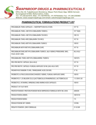 SWAPNROOP DRUGS & PHARMACEUTICALS
Office No: 04, Tuljabhawani Residency, Mayur Park Road, Opp. SBOA Harsool,
Aurangabad-431003, Maharashtra, India.
Tel: +91-240-6641875, Mob: +91-7387999183, +91-7875026666, Fax: +91-240-2383883
Website: www.swapnroopdrugs.com Email: sales@swapnroopdrugs.com
PHARMACEUTICAL FORMULATIONS PRODUCT LIST
PREGABALIN 75MG CAPSULES + NORTRIPTYLIN HCL10 MG 10*10
PREGABALIN 75MG.+METHYLCOBALAMIN 750MCG. 10*10(A)
PREGABALIN 75MG+ METHYLCOBALAMIN 750 MCG 10X 10
PREGABALIN 75MG+MECOBALAMIN 750 MCG 10*10
PREGABALIN 75MG+METHYLCOBALAMIN 750MCG 10X10
PREGABALIN WITH METHYLCOBALAMIN (CAP) 10*10
PREGABALIN75MG,METHYLCOBALAMIN 750MCG ,ALA 100MG,PYRIDOXINE 3MG,
FOLIC ACID1.5MG
ALU-ALU
PREGABALINE-75MG+METHYLCOBALAMINE-750MCG 10X10'S
PRE-PRO BIOTIC CAPSULE (ALU-ALU) 10*10
PRE-PRO BIOTIC CAPSULE+FUNGAL AMYLASE 50 ML (ALU-ALU CAP) 10*10
PROANTHOCYANIDIN 75 MG ,TRANEXAMIC ACID 250 MG 3*10
PROBIOTIC & FRUCLOOLIGOSACCHASIDES 100MG, FUNGAL AMYLASE 50MG 10X10
PROBIOTICS 1.25 BILLION CELLS (LACTOBACILLUS RHAMNOSUS, LACTOBACILLUS 1.5 GM X 20
PROBIOTICS, VITAMINS, MINERALS AND AMINO ACID CAPSULES 10X10
PRODUCT AT FLAT RATE
PROFER POWDER PROTEIN POWDER NEW IMPROVED FORMULA WITH NE+DHA 200GM.
PROGESTERON 200MG 10X1X10
PROGESTERON100MG 1'S
PROGESTERONE BP 100MG 1X1ML
PROLITE POWDER (ORS FORMULA) 21.8 GM
 