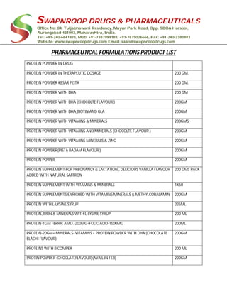 SWAPNROOP DRUGS & PHARMACEUTICALS
Office No: 04, Tuljabhawani Residency, Mayur Park Road, Opp. SBOA Harsool,
Aurangabad-431003, Maharashtra, India.
Tel: +91-240-6641875, Mob: +91-7387999183, +91-7875026666, Fax: +91-240-2383883
Website: www.swapnroopdrugs.com Email: sales@swapnroopdrugs.com
PHARMACEUTICAL FORMULATIONS PRODUCT LIST
PROTEIN POWDER IN DRUG
PROTEIN POWDER IN THERAPEUTIC DOSAGE 200 GM.
PROTEIN POWDER KESAR PISTA 200 GM.
PROTEIN POWDER WITH DHA 200 GM
PROTEIN POWDER WITH DHA (CHOCOLTE FLAVOUR ) 200GM
PROTEIN POWDER WITH DHA,BIOTIN AND GLA 200GM
PROTEIN POWDER WITH VITAMINS & MINERALS 200GMS
PROTEIN POWDER WITH VITAMINS AND MINERALS (CHOCOLTE FLAVOUR ) 200GM
PROTEIN POWDER WITH VITAMINS MINERALS & ZINC 200GM
PROTEIN POWDER(PISTA BADAM FLAVOUR ) 200GM
PROTEIN POWER 200GM
PROTEIN SUPPLEMENT FOR PREGNANCY & LACTATION , DELICIOUS VANILLA FLAVOUR
ADDED WITH NATURAL SAFFRON
200 GMS PACK
PROTEIN SUPPLEMENT WITH VITAMINS & MINERALS 1X50
PROTEIN SUPPLEMENTS ENRICHED WITH VITAMINS,MINERALS & METHYLCOBALAMIN 200GM
PROTEIN WITH L-LYSINE SYRUP 225ML
PROTEIN, IRON & MINERALS WITH L-LYSINE SYRUP 200 ML
PROTEIN-1GM FERRIC AMO.-200MG+FOLIC ACID-1500MG 200ML
PROTEIN-20GM+ MINERALS+VITAMINS + PROTEIN POWDER WITH DHA (CHOCOLATE
ELACHI FLAVOUR)
200GM
PROTEINS WITH B COMPEX 200 ML
PROTIN POWDER (CHOCLATEFLAVOUR)(AVAIL IN FEB) 200GM
 