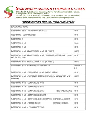 SWAPNROOP DRUGS & PHARMACEUTICALS
Office No: 04, Tuljabhawani Residency, Mayur Park Road, Opp. SBOA Harsool,
Aurangabad-431003, Maharashtra, India.
Tel: +91-240-6641875, Mob: +91-7387999183, +91-7875026666, Fax: +91-240-2383883
Website: www.swapnroopdrugs.com Email: sales@swapnroopdrugs.com
PHARMACEUTICAL FORMULATIONS PRODUCT LIST
LEVOSULPRIDE - 75 MG
RABEPRAZOLE 20MG , DOMPERIDONE 30MG CAP. 10X10
RABEPRAZOLE + DOMPERIDONE SR 10X10
RABEPRAZOLE 20 10X10
RABEPRAZOLE 20 MG 1 VIAL
RABEPRAZOLE 20 MG 10X10
RABEPRAZOLE 20 MG & DOMPERIDONE 30 MG (SR PELLETS) 10 X 10
RABEPRAZOLE 20 MG & DOMPERIDONE 30 MG (10 MG IMMEDIATE RELEASE + 20 MG
EXTENDED RELEASE)
10X10
RABEPRAZOLE 20 MG & LEVOSULPIRIDE 75 MG (SR PELLETS) 10 X 10
RABEPRAZOLE 20 MG &DOMPERIDONE 30 MG SR CAPS. 10 X 10ALU-
ALU
RABEPRAZOLE 20 MG + ACECLOFENAC 200 MG (SUSTAIN RELEASE) 10X10'S
RABEPRAZOLE 20 MG + DICLOFENAC , POTASSIUM 100 MG (AS SUSTAINED RELEASE
GRANULES)
10 X 10
RABEPRAZOLE 20 MG + DOMPERIDONE 30 MG 10X10
RABEPRAZOLE 20 MG + DOMPERIDONE 10 MG 10X10
RABEPRAZOLE 20 MG + DOMPERIDONE 30 MG (SUSTAINED RELEASE) 10X10
RABEPRAZOLE 20 MG + DOMPERIDONE 30 MG SR 10X10
RABEPRAZOLE 20 MG + DOMPERIDONE 30 MG SUSTAINED RELEASE ( ALU-ALU) CAP 10*10
RABEPRAZOLE 20 MG + ITOPRIDE 150 MG (SUSTAINED RELEASE) 10X10
RABEPRAZOLE 20 MG + LEVOSULPIRIDE 75 MG 10X10
 