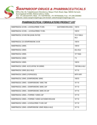 SWAPNROOP DRUGS & PHARMACEUTICALS
Office No: 04, Tuljabhawani Residency, Mayur Park Road, Opp. SBOA Harsool,
Aurangabad-431003, Maharashtra, India.
Tel: +91-240-6641875, Mob: +91-7387999183, +91-7875026666, Fax: +91-240-2383883
Website: www.swapnroopdrugs.com Email: sales@swapnroopdrugs.com
PHARMACEUTICAL FORMULATIONS PRODUCT LIST
RABEPRAZOLE 20 MG + LEVOSULPIRIDE 75 MG (SUSTAINED RELEASE) 10X10
RABEPRAZOLE 20 MG. + LEVOSULPIRIDE 75 MG. 10X10
RABEPRAZOLE 20 MGTAB.(AVAIL IN FEB) 10 X 10ALU-
ALU
RABEPRAZOLE 20+DOMPERIDONE 30 SR 10X10
RABEPRAZOLE 20MG 10X10
RABEPRAZOLE 20MG ALU-ALU
RABEPRAZOLE 20MG 10*10(A)
RABEPRAZOLE 20MG 1'S
RABEPRAZOLE 20MG 10X10
RABEPRAZOLE 20MG ACECLOFENC SR 200MG 10X10ALU-ALU
RABEPRAZOLE 20MG (ALU-ALU) 10*10
RABEPRAZOLE 20MG (LYOPHILISED) WITH WFI
RABEPRAZOLE 20MG ,DOMPERIDONE 30MG 10X10
RABEPRAZOLE 20MG + DOMPERIDONE 10MG TAB 10*10
RABEPRAZOLE 20MG + DOMPERIDONE 30MG CAP 10*10
RABEPRAZOLE 20MG + DOMPERIDONE 30MG SR CAP 10*10
RABEPRAZOLE 20MG + ITOPRIDE 150MG CAP 10*10
RABEPRAZOLE 20MG + ITOPRIDE 150MG SUSTAINED RELEASE 10*10
RABEPRAZOLE 20MG + LEVOSULPRIDE 75 MG CAP 10*10
RABEPRAZOLE 20MG +DOMPERIDONE 30MG SR(ALU-ALU) 10*10
 