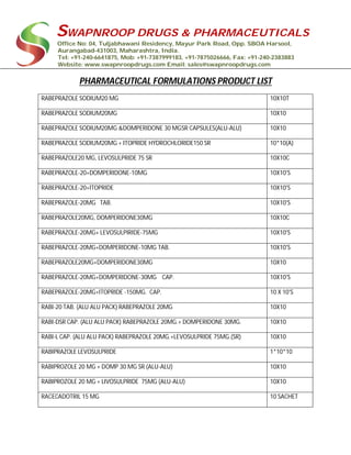 SWAPNROOP DRUGS & PHARMACEUTICALS
Office No: 04, Tuljabhawani Residency, Mayur Park Road, Opp. SBOA Harsool,
Aurangabad-431003, Maharashtra, India.
Tel: +91-240-6641875, Mob: +91-7387999183, +91-7875026666, Fax: +91-240-2383883
Website: www.swapnroopdrugs.com Email: sales@swapnroopdrugs.com
PHARMACEUTICAL FORMULATIONS PRODUCT LIST
RABEPRAZOLE SODIUM20 MG 10X10T
RABEPRAZOLE SODIUM20MG 10X10
RABEPRAZOLE SODIUM20MG &DOMPERIDONE 30 MGSR CAPSULES(ALU-ALU) 10X10
RABEPRAZOLE SODIUM20MG + ITOPRIDE HYDROCHLORIDE150 SR 10*10(A)
RABEPRAZOLE20 MG, LEVOSULPRIDE 75 SR 10X10C
RABEPRAZOLE-20+DOMPERIDONE-10MG 10X10'S
RABEPRAZOLE-20+ITOPRIDE 10X10'S
RABEPRAZOLE-20MG TAB. 10X10'S
RABEPRAZOLE20MG, DOMPERIDONE30MG 10X10C
RABEPRAZOLE-20MG+ LEVOSULPIRIDE-75MG 10X10'S
RABEPRAZOLE-20MG+DOMPERIDONE-10MG TAB. 10X10'S
RABEPRAZOLE20MG+DOMPERIDONE30MG 10X10
RABEPRAZOLE-20MG+DOMPERIDONE-30MG CAP. 10X10'S
RABEPRAZOLE-20MG+ITOPRIDE -150MG. CAP. 10 X 10'S
RABI-20 TAB. (ALU ALU PACK) RABEPRAZOLE 20MG 10X10
RABI-DSR CAP. (ALU ALU PACK) RABEPRAZOLE 20MG.+ DOMPERIDONE 30MG. 10X10
RABI-L CAP. (ALU ALU PACK) RABEPRAZOLE 20MG.+LEVOSULPRIDE 75MG.(SR) 10X10
RABIPRAZOLE LEVOSULPRIDE 1*10*10
RABIPROZOLE 20 MG + DOMP 30 MG SR (ALU-ALU) 10X10
RABIPROZOLE 20 MG + LIVOSULPRIDE 75MG (ALU-ALU) 10X10
RACECADOTRIL 15 MG 10 SACHET
 