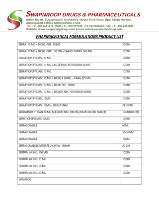 SWAPNROOP DRUGS & PHARMACEUTICALS
Office No: 04, Tuljabhawani Residency, Mayur Park Road, Opp. SBOA Harsool,
Aurangabad-431003, Maharashtra, India.
Tel: +91-240-6641875, Mob: +91-7387999183, +91-7875026666, Fax: +91-240-2383883
Website: www.swapnroopdrugs.com Email: sales@swapnroopdrugs.com
PHARMACEUTICAL FORMULATIONS PRODUCT LIST
SERRA. 10 MG + DICLO. POT. 50 MG 20X10
SERRA. 10 MG + DICLO. POTT. 50 MG + PARACETAMOL 500 MG 10X10
SERRATIOPEPTIDASE 10 MG 10X10
SERRATIOPEPTIDASE 10 MG ,DICLOFENAC POTASSIUM 50 MG 10X10
SERRATIOPEPTIDASE 10 MG. 10X10
SERRATIOPEPTIDASE 10 MG.+ DICLO K 50MG. + PARA 325 MG 10X10
SERRATIOPEPTIDASE 10 MG.+ DICLO POT. 50MG. 10X10
SERRATIOPEPTIDASE 10 MG.+ DICLOFENAC POTASSIUM 50MG. 10X10
SERRATIOPEPTIDASE 10MG 10X10
SERRATIOPEPTIDASE 10MG + DICLOFENAC 2X10X10
SERRIATIOPEPTIDASE10 MG ACECLOFENAC 100 MG (FILM COATED TABLET) 10X10BLISTER
SERRITIOPEPTIDASE 10MG 10X10
SERTACONAOLE 60ML
SERTACONAOLE 30/50GM
SERTACONAOLE 10GM
SERTACONAZOLE NITRATE 2% W/W CREAM 20 GM
SERTRALINE HCL 100 MG 10X10
SERTRALINE HCL 25 MG 10X10
SERTRALINE HCL 50 MG 10X10
SERTRALINE HCL 50 MG. 10X10
SHAMPOO
 