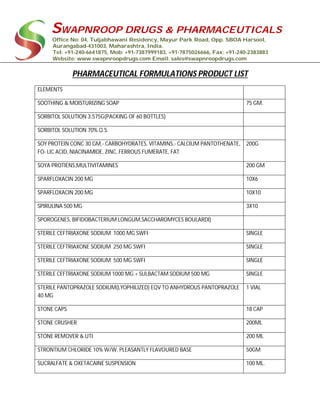 SWAPNROOP DRUGS & PHARMACEUTICALS
Office No: 04, Tuljabhawani Residency, Mayur Park Road, Opp. SBOA Harsool,
Aurangabad-431003, Maharashtra, India.
Tel: +91-240-6641875, Mob: +91-7387999183, +91-7875026666, Fax: +91-240-2383883
Website: www.swapnroopdrugs.com Email: sales@swapnroopdrugs.com
PHARMACEUTICAL FORMULATIONS PRODUCT LIST
ELEMENTS
SOOTHING & MOISTURIZING SOAP 75 GM.
SORBITOL SOLUTION 3.575G(PACKING OF 60 BOTTLES)
SORBITOL SOLUTION 70% Q.S.
SOY PROTEIN CONC 30 GM,- CARBOHYDRATES, VITAMINS,- CALCIUM PANTOTHENATE,
FO- LIC ACID, NIACINAMIDE, ZINC, FERROUS FUMERATE, FAT
200G
SOYA PROTIENS,MULTIVITAMINES 200 GM
SPARFLOXACIN 200 MG 10X6
SPARFLOXACIN 200 MG 10X10
SPIRULINA 500 MG 3X10
SPOROGENES, BIFIDOBACTERIUM LONGUM,SACCHAROMYCES BOULARDI)
STERILE CEFTRIAXONE SODIUM 1000 MG SWFI SINGLE
STERILE CEFTRIAXONE SODIUM 250 MG SWFI SINGLE
STERILE CEFTRIAXONE SODIUM 500 MG SWFI SINGLE
STERILE CEFTRIAXONE SODIUM 1000 MG + SULBACTAM SODIUM 500 MG SINGLE
STERILE PANTOPRAZOLE SODIUM(LYOPHILIZED) EQV TO ANHYDROUS PANTOPRAZOLE
40 MG
1 VIAL
STONE CAPS 18 CAP
STONE CRUSHER 200ML
STONE REMOVER & UTI 200 ML
STRONTIUM CHLORIDE 10% W/W, PLEASANTLY FLAVOURED BASE 50GM
SUCRALFATE & OXETACAINE SUSPENSION 100 ML.
 