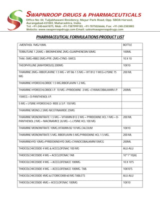 SWAPNROOP DRUGS & PHARMACEUTICALS
Office No: 04, Tuljabhawani Residency, Mayur Park Road, Opp. SBOA Harsool,
Aurangabad-431003, Maharashtra, India.
Tel: +91-240-6641875, Mob: +91-7387999183, +91-7875026666, Fax: +91-240-2383883
Website: www.swapnroopdrugs.com Email: sales@swapnroopdrugs.com
PHARMACEUTICAL FORMULATIONS PRODUCT LIST
+MENTHOL 1MG/10ML BOTTLE
TERBUTLINE 1.25MG + BROMHEXINE 2MG+GUAIPHENESIN 50MG 100ML
THAI.-5MG+RIBO.5MG+PYR.-2MG+CYNO.-5MCG 10 X 10
THEOPHYLLINE (ANHYDROUS) 200MG 10X10
THIAMINE 2MG+ RIBOFLAVINE 1.5 MG + VIT B6 1.5 MG + VIT B12 1 MCG+LYSINE 75
MG
200 ML
THIAMINE HYDROCHLORIDE 1.5 MG,RIBOFLAVIN 1.2 MG,
THIAMINE HYDROCHLORIDE I.P. 10 MG +PYRIDOXINE -3 MG +CYANACOBALAMIN I.P. 200ML
15MCG + D-PANTHENOL I.P.
5 MG + LYSINE HYDROCHLO- RIDE U.S.P. 150 MG
THIAMINE MONO.2.5MG NICOTINAMIDE 25MG
THIAMINE MONONITRATE 1.5 MG + VITAMIN B12 2 MG + PYRIDOXINE HCL 1 MG + D-
PANTHENOL 2 MG + NIACINAMICE 26 MG + L-LYSINE HCL 100 MG
200 ML
THIAMINE MONONITRATE 10MG,VITAMIN B2 10 MG,CALCIUM 10X10
THIAMINE MONONITRATE 5 MG, RIBOFLAVIN 5 MG,PYRIDOXINE HCL 1.5 MG, 200 ML
THIAMINEHYD 10MG+PYRIDOXINEHYD 3MG+CYANOCOBALAMIN15MCG 200ML
THIOCOLCHICOSIDE 4 MG & ACECLOFENAC 100 MG ALU-ALU
THIOCOLCHICOSIDE 4 MG + ACECLOFENAC TAB 10*1*10(A)
THIOCOLCHICOSIDE 4 MG. + ACECLOFENACE 100MG. 10 X 10'S
THIOCOLCHICOSIDE 4 MG. + ACECLOFENACE 100MG. TAB. 10X10'S
THIOCOLCHICOSIDE 4MG & ETORICOXIB 60 MG TABLETS ALU-ALU
THIOCOLCHICOSIDE 4MG + ACECLOFENAC 100MG 10X10
 