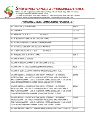 SWAPNROOP DRUGS & PHARMACEUTICALS
Office No: 04, Tuljabhawani Residency, Mayur Park Road, Opp. SBOA Harsool,
Aurangabad-431003, Maharashtra, India.
Tel: +91-240-6641875, Mob: +91-7387999183, +91-7875026666, Fax: +91-240-2383883
Website: www.swapnroopdrugs.com Email: sales@swapnroopdrugs.com
PHARMACEUTICAL FORMULATIONS PRODUCT LIST
VIT D3 60,00 I.U. ( CHEWABLE TAB) 1X4X10
VIT D3 60000 IU 20*1GM.
VIT. B6+ALPHA LIPOIC ACID (ALLU-ALLU)
VIT.A-1600 IUVIT.D3-200IU VIT.B1-1.5MG+RIB.-1.5MG 200ML
VIT.B12 AND D-PANTHNOL 2.5MG,NICOTINAMIDE22.5MG
VIT.B12-10MCG+L-LY.25MG+ZINC SUL.20MG+NIA.45MG
VIT.C-75MG+ZINC SULPHATE-61.8MG (ALLU-ALLU)
VIT-A-5000 I.U.VIT-E-25-IU+VIT-C-150MG+ 10 X 10
VITAMIN B COMPLEX & LYSINE
VITAMIN ‘A’ 800 MCG,VITAMIN ‘D’ 200 I.U,VITAMIN ‘C’70 MG,
VITAMIN 5000 I.U., CHOLECALCIFEROL (VITAMIN D3) 400 I.U., 15ML
VITAMIN A - 2500 I.U.,COPPER SULPHATE-1MG,COPPER SULPHATE-1MG,
VITAMIN A 2500 I.U +CHOLECALCIFEROL 200 I.U+ VITAMIN E 5 I.U+THIAMINE
HYDROCHLORIDE 1 MG+ RIBOFLAVINE PHOSPHATE SODIUM 1MG+PYRIDOXIME 1
MG+CYANOCOBALAMIN 1 MCG+D-PANTHENOL 2.5 MG+NIACINAMIDE 15 MG+LYSINE
30MG+POTASSIUM 50 MCG+COPPER 100MCG+ZINC SILPHATE 22.5 MG
200 ML
VITAMIN A 2500 I.U +CHOLECALCIFEROL 200 I.U+ VITAMIN E 5 I.U+THIAMINE
HYDROCHLORIDE 1 MG+ RIBOFLAVINE PHOSPHATE SODIUM 1MG+PYRIDOXIME 1
MG+CYANOCOBALAMIN 1 MCG+D-PANTHENOL 2.5 MG+NIACINAMIDE 15 MG+LYSINE
30MG+POTASSIUM 50 MCG+COPPER 100MCG+ZINC SILPHATE 22.5 MG
200ML
VITAMIN A 2500 I.U +CHOLECALCIFEROL 200 I.U+ VITAMIN E 5 I.U+THIAMINE
HYDROCHLORIDE 1 MG+ RIBOFLAVINE PHOSPHATE SODIUM 1MG+PYRIDOXIME 1
MG+CYANOCOBALAMIN 1 MCG+D-PANTHENOL 2.5 MG+NIACINAMIDE 15 MG+LYSINE
30MG+POTASSIUM 50 MCG+COPPER 100MCG+ZINC SILPHATE 22.5 MG
100 ML
VITAMIN A ACETATE 5000 I.U. + THIAMINE MONONITRATE 10 MG + RIBOFLAVIN 5 MG 10X10
 