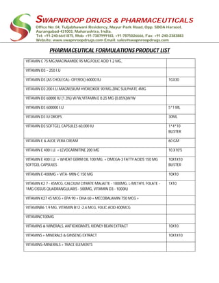 SWAPNROOP DRUGS & PHARMACEUTICALS
Office No: 04, Tuljabhawani Residency, Mayur Park Road, Opp. SBOA Harsool,
Aurangabad-431003, Maharashtra, India.
Tel: +91-240-6641875, Mob: +91-7387999183, +91-7875026666, Fax: +91-240-2383883
Website: www.swapnroopdrugs.com Email: sales@swapnroopdrugs.com
PHARMACEUTICAL FORMULATIONS PRODUCT LIST
VITAMIN C 75 MG,NIACINAMIDE 95 MG,FOLIC ACID 1.2 MG,
VITAMIN D3 – 250 I.U
VITAMIN D3 (AS CHOLECAL- CIFEROL) 60000 IU 1GX30
VITAMIN D3 200 I.U.MAGNESIUM HYDROXIDE 90 MG,ZINC SULPHATE 4MG
VITAMIN D3 60000 IU (1.3%) W/W,VITAMIN E 0.25 MG (0.05%)W/W
VITAMIN D3 600000 I.U 5*1 ML
VITAMIN D3 IU DROPS 30ML
VITAMIN D3 SOFTGEL CAPSULES 60,000 IU 1*4*10
BLISTER
VITAMIN E & ALOE VERA CREAM 60 GM
VITAMIN E 400 I.U. + LEVOCARNITINE 200 MG 10 X10'S
VITAMIN E 400 I.U. + WHEAT GERM OIL 100 MG. + OMEGA-3 FATTY ACIDS 150 MG
SOFTGEL CAPSULES
10X1X10
BLISTER
VITAMIN E-400MG + VITA- MIN-C 150 MG 10X10
VITAMIN K2 7 - 45MCG, CALCIUM CITRATE MALAETE - 1000MG, L-METHYL FOLATE -
1MG CISSUS QUADRANGULARIS - 500MG, VITAMIN D3 - 1000IU
1X10
VITAMIN K27 45 MCG + EPA 90 + DHA 60 + MECOBALAMIN 750 MCG +
VITAMINB6 1.9 MG, VITAMIN B12 -2.6 MCG, FOLIC ACID 400MCG
VITAMINC100MG
VITAMINS & MINERALS, ANTIOXIDANTS, KIDNEY BEAN EXTRACT 10X10
VITAMINS + MINERALS & GINSENG EXTRACT 10X1X10
VITAMINS+MINERALS + TRACE ELEMENTS
 