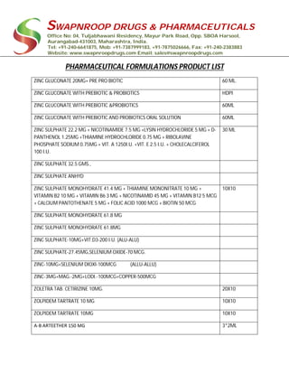 SWAPNROOP DRUGS & PHARMACEUTICALS
Office No: 04, Tuljabhawani Residency, Mayur Park Road, Opp. SBOA Harsool,
Aurangabad-431003, Maharashtra, India.
Tel: +91-240-6641875, Mob: +91-7387999183, +91-7875026666, Fax: +91-240-2383883
Website: www.swapnroopdrugs.com Email: sales@swapnroopdrugs.com
PHARMACEUTICAL FORMULATIONS PRODUCT LIST
ZINC GLUCONATE 20MG+ PRE PRO BIOTIC 60 ML.
ZINC GLUCONATE WITH PREBIOTIC & PROBIOTICS HDPI
ZINC GLUCONATE WITH PREBIOTIC &PROBIOTICS 60ML
ZINC GLUCONATE WITH PREBIOTIC AND PROBIOTICS ORAL SOLUTION 60ML
ZINC SULPHATE 22.2 MG + NICOTINAMIDE 7.5 MG +LYSIN HYDROCHLORIDE 5 MG + D-
PANTHENOL 1.25MG +THIAMINE HYDROCHLORIDE 0.75 MG + RIBOLAVINE
PHOSPHATE SODIUM 0.75MG + VIT. A 1250I.U. +VIT. E 2.5 I.U. + CHOLECALCIFEROL
100 I.U.
30 ML
ZINC SULPHATE 32.5 GMS.,
ZINC SULPHATE ANHYD
ZINC SULPHATE MONOHYDRATE 41.4 MG + THIAMINE MONONITRATE 10 MG +
VITAMIN B2 10 MG + VITAMIN B6 3 MG + NICOTINAMID 45 MG + VITAMIN B12 5 MCG
+ CALCIUM PANTOTHENATE 5 MG + FOLIC ACID 1000 MCG + BIOTIN 50 MCG
10X10
ZINC SULPHATE MONOHYDRATE 61.8 MG
ZINC SULPHATE MONOHYDRATE 61.8MG
ZINC SULPHATE-10MG+VIT.D3-200 I.U. (ALU-ALU)
ZINC SULPHATE-27.45MG,SELENIUM OXIDE-70 MCG.
ZINC-10MG+SELENIUM DIOXI-100MCG (ALLU-ALLU)
ZINC-3MG+MAG.-2MG+LODI.-100MCG+COPPER-500MCG
ZOLETRA TAB. CETIRIZINE 10MG. 20X10
ZOLPIDEM TARTRATE 10 MG 10X10
ZOLPIDEM TARTRATE 10MG 10X10
Α-Β ARTEETHER 150 MG 3*2ML
 