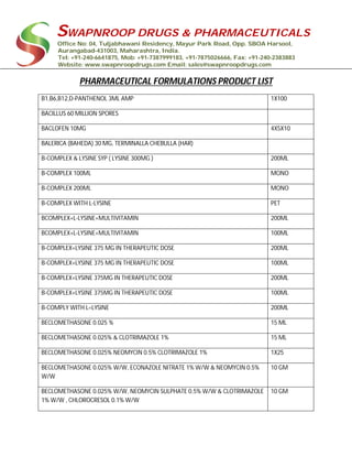 SWAPNROOP DRUGS & PHARMACEUTICALS
Office No: 04, Tuljabhawani Residency, Mayur Park Road, Opp. SBOA Harsool,
Aurangabad-431003, Maharashtra, India.
Tel: +91-240-6641875, Mob: +91-7387999183, +91-7875026666, Fax: +91-240-2383883
Website: www.swapnroopdrugs.com Email: sales@swapnroopdrugs.com
PHARMACEUTICAL FORMULATIONS PRODUCT LIST
B1,B6,B12,D-PANTHENOL 3ML AMP 1X100
BACILLUS 60 MILLION SPORES
BACLOFEN 10MG 4X5X10
BALERICA (BAHEDA) 30 MG, TERMINALLA CHEBULLA (HAR)
B-COMPLEX & LYSINE SYP ( LYSINE 300MG ) 200ML
B-COMPLEX 100ML MONO
B-COMPLEX 200ML MONO
B-COMPLEX WITH L-LYSINE PET
BCOMPLEX+L-LYSINE+MULTIVITAMIN 200ML
BCOMPLEX+L-LYSINE+MULTIVITAMIN 100ML
B-COMPLEX+LYSINE 375 MG IN THERAPEUTIC DOSE 200ML
B-COMPLEX+LYSINE 375 MG IN THERAPEUTIC DOSE 100ML
B-COMPLEX+LYSINE 375MG IN THERAPEUTIC DOSE 200ML
B-COMPLEX+LYSINE 375MG IN THERAPEUTIC DOSE 100ML
B-COMPLY WITH L=LYSINE 200ML
BECLOMETHASONE 0.025 % 15 ML
BECLOMETHASONE 0.025% & CLOTRIMAZOLE 1% 15 ML
BECLOMETHASONE 0.025% NEOMYCIN 0.5% CLOTRIMAZOLE 1% 1X25
BECLOMETHASONE 0.025% W/W, ECONAZOLE NITRATE 1% W/W & NEOMYCIN 0.5%
W/W
10 GM
BECLOMETHASONE 0.025% W/W, NEOMYCIN SULPHATE 0.5% W/W & CLOTRIMAZOLE
1% W/W , CHLOROCRESOL 0.1% W/W
10 GM
 