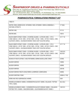 SWAPNROOP DRUGS & PHARMACEUTICALS
Office No: 04, Tuljabhawani Residency, Mayur Park Road, Opp. SBOA Harsool,
Aurangabad-431003, Maharashtra, India.
Tel: +91-240-6641875, Mob: +91-7387999183, +91-7875026666, Fax: +91-240-2383883
Website: www.swapnroopdrugs.com Email: sales@swapnroopdrugs.com
PHARMACEUTICAL FORMULATIONS PRODUCT LIST
TABLETS
BIOTIN 10MG+AMINO ACID +VITAMIN-E 5MG+VITAMIN-C 40MG & MINERALS +
NATURAL EXTRACTS
3*10(A)
BIOTIN 5 MG 10*10
BIOTIN 5MG 10X10
BLACK GRAPE EXTRACT 25MG + LYCOPENE-6%2MG + LUTEN 8% 3MG + VIT.A
CONC.5000 IU + VIT.B1 5MG + VIT.B2 5MG + VIT.B6 1.5MG + VIT.B12 15MCG + ZINC
SULPHATE 23MCG + SELENIUM DIOXIDE 75MCG SOFT GELATIN CAPSUL
10*1*10
BLACK GRAPE EXTRACT 25MG + LYCOPENE-6%2MG + LUTEN 8% 3MG + VIT.A
CONC.5000 IU + VIT.B1 5MG + VIT.B2 5MG + VIT.B6 1.5MG + VIT.B12 15MCG + ZINC
SULPHATE 23MCG + SELENIUM DIOXIDE 75MCG SOFT GELATIN CAPSULE
10*1*10
BLACK GRAPE EXTRACT 25MG + LYCOPENE-6%2MG + LUTEN 8% 3MG + VIT.A
CONC.5000 IU + VIT.B1 5MG + VIT.B2 5MG + VIT.B6 1.5MG + VIT.B12 15MCG + ZINC
SULPHATE 23MCG + SELENIUM DIOXIDE 75MCG SOFT GELATIN CAPSULES
10X1X10
BLISTER
BLEND OF FRUITS EXTRACT, MULTIVITAMINS, AMINO ACIDS & ZINC SYRUP 225ML
BLOOD PURIFIER 100ML
BLOOD PURIFIER 200ML
BLOOD PURIFIER 200 ML
BLOOD PURIFIER-TREATS ACNE,PIMPLE & IMPROVE COMPLEXION 200ML
BLOOD PURIFYING TONIC 200ML (1*50)
BOND-400 TAB. ALBENDAZOLE 400MG. 50X1
BOSWELLIA SERRATA 100MG, CHONDROITIN SULFATE 100MG, COLLAGEN PEPTIDE
TYPE-2 50MG
ALU-ALU
BOSWELLIA SERRATA 50MG + CHONDROITIN SULFATE SODIUM 100MG + COLLAGEN
PEPTIDE TYPE -II 50MG + DIACEREIN 50MG + GLUCOSAMIN SULFATE 750MG +
10X1X15
 