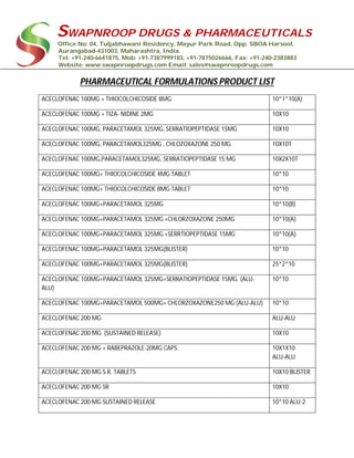 SWAPNROOP DRUGS & PHARMACEUTICALS
Office No: 04, Tuljabhawani Residency, Mayur Park Road, Opp. SBOA Harsool,
Aurangabad-431003, Maharashtra, India.
Tel: +91-240-6641875, Mob: +91-7387999183, +91-7875026666, Fax: +91-240-2383883
Website: www.swapnroopdrugs.com Email: sales@swapnroopdrugs.com
PHARMACEUTICAL FORMULATIONS PRODUCT LIST
ACECLOFENAC 100MG + THIOCOLCHICOSIDE 8MG 10*1*10(A)
ACECLOFENAC 100MG + TIZA- NIDINE 2MG 10X10
ACECLOFENAC 100MG, PARACETAMOL 325MG, SERRATIOPEPTIDASE 15MG 10X10
ACECLOFENAC 100MG, PARACETAMOL325MG , CHLOZOXAZONE 250 MG 10X10T
ACECLOFENAC 100MG,PARACETAMOL325MG, SERRATIOPEPTIDASE 15 MG 10X2X10T
ACECLOFENAC 100MG+ THIOCOLCHICOSIDE 4MG TABLET 10*10
ACECLOFENAC 100MG+ THIOCOLCHICOSIDE 8MG TABLET 10*10
ACECLOFENAC 100MG+PARACETAMOL 325MG 10*10(B)
ACECLOFENAC 100MG+PARACETAMOL 325MG +CHLORZOXAZONE 250MG 10*10(A)
ACECLOFENAC 100MG+PARACETAMOL 325MG +SERRTIOPEPTIDASE 15MG 10*10(A)
ACECLOFENAC 100MG+PARACETAMOL 325MG(BLISTER) 10*10
ACECLOFENAC 100MG+PARACETAMOL 325MG(BLISTER) 25*2*10
ACECLOFENAC 100MG+PARACETAMOL 325MG+SERRATIOPEPTIDASE 15MG (ALU-
ALU)
10*10
ACECLOFENAC 100MG+PARACETAMOL 500MG+ CHLORZOXAZONE250 MG (ALU-ALU) 10*10
ACECLOFENAC 200 MG ALU-ALU
ACECLOFENAC 200 MG (SUSTAINED RELEASE) 10X10
ACECLOFENAC 200 MG + RABEPRAZOLE-20MG CAPS. 10X1X10
ALU-ALU
ACECLOFENAC 200 MG S.R. TABLETS 10X10 BLISTER
ACECLOFENAC 200 MG SR 10X10
ACECLOFENAC 200 MG SUSTAINED RELEASE 10*10 ALU-2
 