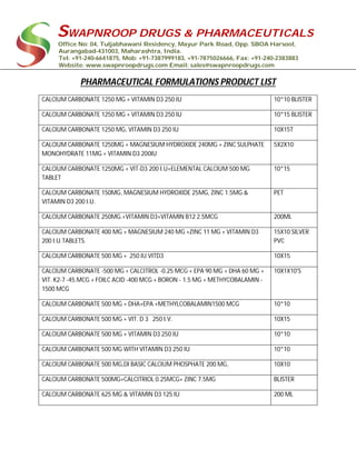 SWAPNROOP DRUGS & PHARMACEUTICALS
Office No: 04, Tuljabhawani Residency, Mayur Park Road, Opp. SBOA Harsool,
Aurangabad-431003, Maharashtra, India.
Tel: +91-240-6641875, Mob: +91-7387999183, +91-7875026666, Fax: +91-240-2383883
Website: www.swapnroopdrugs.com Email: sales@swapnroopdrugs.com
PHARMACEUTICAL FORMULATIONS PRODUCT LIST
CALCIUM CARBONATE 1250 MG + VITAMIN D3 250 IU 10*10 BLISTER
CALCIUM CARBONATE 1250 MG + VITAMIN D3 250 IU 10*15 BLISTER
CALCIUM CARBONATE 1250 MG, VITAMIN D3 250 IU 10X15T
CALCIUM CARBONATE 1250MG + MAGNESIUM HYDROXIDE 240MG + ZINC SULPHATE
MONOHYDRATE 11MG + VITAMIN D3 200IU
5X2X10
CALCIUM CARBONATE 1250MG + VIT-D3 200 I.U+ELEMENTAL CALCIUM 500 MG
TABLET
10*15
CALCIUM CARBONATE 150MG, MAGNESIUM HYDROXIDE 25MG, ZINC 1.5MG &
VITAMIN D3 200 I.U.
PET
CALCIUM CARBONATE 250MG.+VITAMIN D3+VITAMIN B12 2.5MCG 200ML
CALCIUM CARBONATE 400 MG + MAGNESIUM 240 MG +ZINC 11 MG + VITAMIN D3
200 I.U.TABLETS.
15X10 SILVER
PVC
CALCIUM CARBONATE 500 MG + 250 IU VITD3 10X15
CALCIUM CARBONATE -500 MG + CALCITROL -0.25 MCG + EPA 90 MG + DHA 60 MG +
VIT. K2-7 -45.MCG + FOILC ACID -400 MCG + BORON - 1.5 MG + METHYCOBALAMIN -
1500 MCG
10X1X10'S
CALCIUM CARBONATE 500 MG + DHA+EPA +METHYLCOBALAMIN1500 MCG 10*10
CALCIUM CARBONATE 500 MG + VIT. D 3 250 I.V. 10X15
CALCIUM CARBONATE 500 MG + VITAMIN D3 250 IU 10*10
CALCIUM CARBONATE 500 MG WITH VITAMIN D3 250 IU 10*10
CALCIUM CARBONATE 500 MG,DI BASIC CALCIUM PHOSPHATE 200 MG, 10X10
CALCIUM CARBONATE 500MG+CALCITRIOL 0.25MCG+ ZINC 7.5MG BLISTER
CALCIUM CARBONATE 625 MG & VITAMIN D3 125 IU 200 ML
 