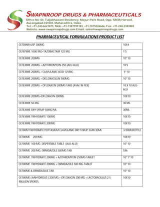 SWAPNROOP DRUGS & PHARMACEUTICALS
Office No: 04, Tuljabhawani Residency, Mayur Park Road, Opp. SBOA Harsool,
Aurangabad-431003, Maharashtra, India.
Tel: +91-240-6641875, Mob: +91-7387999183, +91-7875026666, Fax: +91-240-2383883
Website: www.swapnroopdrugs.com Email: sales@swapnroopdrugs.com
PHARMACEUTICAL FORMULATIONS PRODUCT LIST
CEFDINIR USP 300MG 10X4
CEFEPIME 1000 MG+TAZOBACTAM 125 MG 1'S
CEFEXIME 200MG 10*10
CEFEXIME 200MG + AZITHROMYCIN 250 (ALU-ALU) 10'S
CEFEXIME 200MG + CLAVULANIC ACID 125MG 5*10
CEFEXIME 200MG + DICLOXACILLIN 500MG 10*10
CEFEXIME 200MG + OFLOXACIN 200MG TABS (AVAI. IN FEB) 10 X 10 ALU-
ALU
CEFEXIME 200MG+OFLOXACIN 200MG 10X10
CEFEXIME 50 MG 30 ML.
CEFEXIME DRY SYRUP 50MG/ML 30ML
CEFEXIME TRIHYDRATE 100MG 10X10
CEFEXIME TRIHYDRATE 200MG 10X10
CEFIXIM TRIHYDRATE POTTASIUM CLAVULANIC DRY SYRUP 3GM/30ML 3/30MLBOTTLE
CEFIXIME 200 MG 10X10
CEFIXIME 100 MG DISPERSIBLE TABLE (ALU-ALU) 10*10
CEFIXIME 200 MG, ORNIDAZOLE 500MG TAB. 5X6
CEFIXIME TRIHYDRATE 200MG + AZITHROMYCIN 250MG TABLET 10*1*10
CEFIXIME TRIHYDRATE 200MG + ORNIDAZOLE 500 MG TABLET 10*10
CEFIXIME & ORNIDAZOLE TAB 10*10
CEFIXIME ( ANHYDROUS ) 200 MG + OFLOXACIN 200 MG + LACTOBACILLUS 2.5
MILLION SPORES
10X10
 