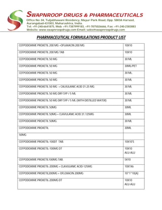 SWAPNROOP DRUGS & PHARMACEUTICALS
Office No: 04, Tuljabhawani Residency, Mayur Park Road, Opp. SBOA Harsool,
Aurangabad-431003, Maharashtra, India.
Tel: +91-240-6641875, Mob: +91-7387999183, +91-7875026666, Fax: +91-240-2383883
Website: www.swapnroopdrugs.com Email: sales@swapnroopdrugs.com
PHARMACEUTICAL FORMULATIONS PRODUCT LIST
CEFPODOXIME PROXETIL 200 MG +OFLAXACIN 200 MG 10X10
CEFPODOXIME PROXETIL 200 MG TAB 10X10
CEFPODOXIME PROXETIL 50 MG 30 ML
CEFPODOXIME PROXETIL 50 MG 30ML/PET
CEFPODOXIME PROXETIL 50 MG 30 ML.
CEFPODOXIME PROXETIL 50 MG 30 ML
CEFPODOXIME PROXETIL 50 MG + CALVULANIC ACID 31.25 MG 30 ML
CEFPODOXIME PROXETIL 50 MG DRY SYP / 5 ML 30 ML
CEFPODOXIME PROXETIL 50 MG DRY SYP / 5 ML (WITH DISTILLED WATER) 30 ML
CEFPODOXIME PROXETIL 50MG 30ML
CEFPODOXIME PROXETIL 50MG + CLAVULANIC ACID 31.125MG 30ML
CEFPODOXIME PROXETIL 50MG. 30 ML
CEFPODOXIME PROXETIL 30ML
50MG
CEFPODOXIME PROXETIL-100DT TAB. 10X10'S
CEFPODOXIME PROXETIL-100MG DT 10X10
ALU-ALU
CEFPODOXIME PROXETIL100MG TAB. 5X10
CEFPODOXIME PROXETIL-200MG + CLAVULANIC ACID-125MG 10X1X6
CEFPODOXIME PROXETIL200MG + OFLOXACIN 200MG 10*1*10(A)
CEFPODOXIME PROXETIL-200MG DT 10X10
ALU-ALU
 