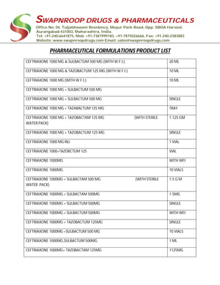 SWAPNROOP DRUGS & PHARMACEUTICALS
Office No: 04, Tuljabhawani Residency, Mayur Park Road, Opp. SBOA Harsool,
Aurangabad-431003, Maharashtra, India.
Tel: +91-240-6641875, Mob: +91-7387999183, +91-7875026666, Fax: +91-240-2383883
Website: www.swapnroopdrugs.com Email: sales@swapnroopdrugs.com
PHARMACEUTICAL FORMULATIONS PRODUCT LIST
CEFTRIAXONE 1000 MG & SULBACTUM 500 MG (WITH W.F.I.) 20 ML
CEFTRIAXONE 1000 MG & TAZOBACTUM 125 MG (WITH W.F.I.) 10 ML
CEFTRIAXONE 1000 MG (WITH W.F.I.) 10 ML
CEFTRIAXONE 1000 MG + SULBACTUM 500 MG
CEFTRIAXONE 1000 MG + SULBACTUM 500 MG SINGLE
CEFTRIAXONE 1000 MG + TAZABACTUM 125 MG TRAY
CEFTRIAXONE 1000 MG + TAZOBACTAM 125 MG (WITH STERILE
WATER PACK)
1.125 GM
CEFTRIAXONE 1000 MG + TAZOBACTUM 125 MG SINGLE
CEFTRIAXONE 1000 MG INJ. 1 VIAL
CEFTRIAXONE 1000+TAZOBCTUM 125 VIAL
CEFTRIAXONE 1000MG WITH WFI
CEFTRIAXONE 1000MG 10 VIALS
CEFTRIAXONE 1000MG + SULBACTAM 500 MG (WITH STERILE
WATER PACK)
1.5 G M
CEFTRIAXONE 1000MG + SULBACTAM 500MG 1.5MG
CEFTRIAXONE 1000MG + SULBACTUM 500MG SINGLE
CEFTRIAXONE 1000MG + SULBACTUM 500MG WITH WFI
CEFTRIAXONE 1000MG + TAZOBACTUM 125MG SINGLE
CEFTRIAXONE 1000MG +SULBACTUM 500 MG 10 VIALS
CEFTRIAXONE 1000MG,SULBACTUM 500MG 1 ML
CEFTRIAXONE 1000MG+ TAZOBACTAM 125MG 1125MG
 
