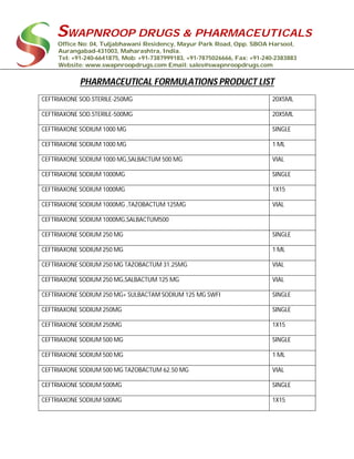 SWAPNROOP DRUGS & PHARMACEUTICALS
Office No: 04, Tuljabhawani Residency, Mayur Park Road, Opp. SBOA Harsool,
Aurangabad-431003, Maharashtra, India.
Tel: +91-240-6641875, Mob: +91-7387999183, +91-7875026666, Fax: +91-240-2383883
Website: www.swapnroopdrugs.com Email: sales@swapnroopdrugs.com
PHARMACEUTICAL FORMULATIONS PRODUCT LIST
CEFTRIAXONE SOD.STERILE-250MG 20X5ML
CEFTRIAXONE SOD.STERILE-500MG 20X5ML
CEFTRIAXONE SODIUM 1000 MG SINGLE
CEFTRIAXONE SODIUM 1000 MG 1 ML
CEFTRIAXONE SODIUM 1000 MG,SALBACTUM 500 MG VIAL
CEFTRIAXONE SODIUM 1000MG SINGLE
CEFTRIAXONE SODIUM 1000MG 1X15
CEFTRIAXONE SODIUM 1000MG ,TAZOBACTUM 125MG VIAL
CEFTRIAXONE SODIUM 1000MG,SALBACTUM500
CEFTRIAXONE SODIUM 250 MG SINGLE
CEFTRIAXONE SODIUM 250 MG 1 ML
CEFTRIAXONE SODIUM 250 MG TAZOBACTUM 31.25MG VIAL
CEFTRIAXONE SODIUM 250 MG,SALBACTUM 125 MG VIAL
CEFTRIAXONE SODIUM 250 MG+ SULBACTAM SODIUM 125 MG SWFI SINGLE
CEFTRIAXONE SODIUM 250MG SINGLE
CEFTRIAXONE SODIUM 250MG 1X15
CEFTRIAXONE SODIUM 500 MG SINGLE
CEFTRIAXONE SODIUM 500 MG 1 ML
CEFTRIAXONE SODIUM 500 MG TAZOBACTUM 62.50 MG VIAL
CEFTRIAXONE SODIUM 500MG SINGLE
CEFTRIAXONE SODIUM 500MG 1X15
 