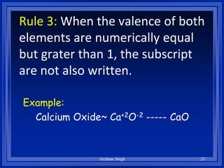 Rule 3: When the valence of both
elements are numerically equal
but grater than 1, the subscript
are not also written.
Example:
Calcium Oxide~ Ca+2O-2 ----- CaO
25Archana Singh
 