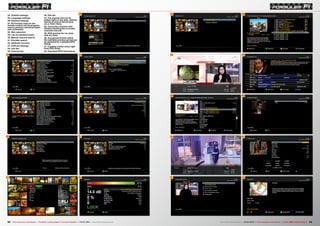 33
34
35
36
37
38
39
40
41
42
6
29
30
28
31
32
25
24
26
27
22 23TELE-audiovision International — The World‘s Leading Digital TV Industry Publication — 03-04/2015 — www.TELE-audiovision.com www.TELE-audiovision.com — 03-04/2015 — TELE-audiovision International — 全球发行量最大的数字电视杂志
24. Subtitle settings
25. Language settings
26. Network settings
27. All function keys on the
remote control can be program-
med to perform individual tasks
and commands
28. Skin selection
29. List of installed tuners
30. Manual channel search
31. Provider search
32. Satfinder function
33. Softcam settings
34. Info bar
35. Channel list
36. Info bar
37. The channel list can be
edited right on the spot, without
having to stop at the pit lane,
a.k.a. main menu.
38. Favourites function with
window showing the currently
received channel
39. EPG preview for six chan-
nels at a time
40. Any period of time within
the available preview period can
be selected for a detailed EPG
listing
41. Creating a timer entry right
from EPG mode
42. Extended EPG information
 