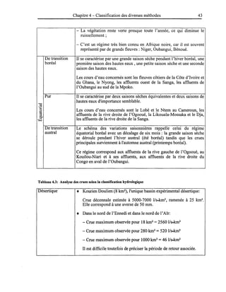 De transition
boréal
Pur
De transition
austral
Chapitre 4 - Classification des diverses méthodes 43
- La végétation reste verte presque toute l'année, ce qui diminue le
ruissellement;
- C'est un régime très bien connu en Afrique noire, car il est souvent
représenté par de grands fleuves: Niger, Oubangui, Bénoué.
Il se caractérise par une grande saison sèche pendant l'hiver boréal, une
première saison des hautes eaux, une petite saison sèche et une seconde
saison des hautes eaux.
Les cours d'eau concernés sont les fleuves côtiers de la Côte d'Ivoire et
du Ghana, le Nyong, les affluents ouest de la Sanga, les affluents de
l'Oubangui au sud de la Mpoko.
Il se caractérise par deux saisons sèches équivalentes et deux saisons de
hautes eaux d'importance semblable.
Les cours d'eau concernés sont le Lobé et le Ntem au Cameroun, les
affluents de la rive droite de l'Ogooué, la Likouala-Mossaka et le Dja,
les affluents de la rive droite de la Sanga.
Le schéma des variations saisonnières rappelle celui du régime
équatorial boréal avec un décalage de six mois : la grande saison sèche
se déroule pendant l'hiver austral (été boréal) tandis que les crues
principales surviennent à l'automne austral (printemps boréal).
Ce régime correspond aux affluents de la rive gauche de l'Ogooué, au
Kouilou-Niari et à ses affluents, aux affluents de la rive droite du
Congo en aval de l'Oubangui.
Tableau 4.3: Analyse des crues selon la classification hydrologique
Désertique • Kourien Doulien (8 km2), l'unique bassin expérimental désertique:
Crue décennale estimée à 5000-7000 l/s.km2, ramenée à 25 km2.
Elle correspond à une averse de 50 mm.
• Dans le nord de l'Ennedi et dans le nord de l'Aïr:
- Crue maximum observée pour 18 km2=2560 l/S.km2
- Crue maximum observée pour 280 km2
= 520 l/s.km2
- Crue maximum observée pour 1000 km2
= 46 l/S.km2
Il est difficile toutefois de préciser la période de retour associée.
 