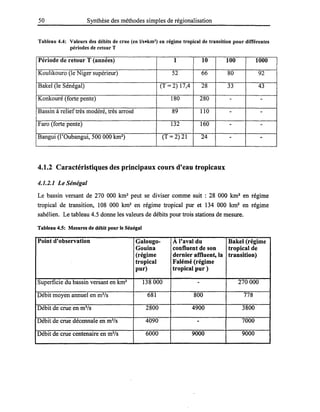 50 Synthèse des méthodes simples de régionalisation
Tableau 4.4: Valeurs des débits de crue (en Vsekm1
) en régime tropical de transition pour différentes
périodes de retour T
Période de retour T (années) 1 10 100 1000
Koulikouro (le Niger supérieur) 52 66 80 92
Bakel (le Sénégal) (T=2) 17,4 28 33 43
Konkouré (forte pente) 180 280 - -
Bassin à relieftrès modéré, très arrosé 89 110 - -
Faro (forte pente) 132 160 - -
Bangui (l'Oubangui, 500000 km2
) (T = 2) 21 24 - -
4.1.2 Caractéristiques des principaux cours d'eau tropicaux
4.1.2.1 Le Sénégal
Le bassin versant de 270 000 km2
peut se diviser comme suit : 28 000 krn2
en régime
tropical de transition, 108 000 km2
en régime tropical pur et 134 000 krn2
en régime
sahélien. Le tableau 4.5 donne les valeurs de débits pour trois stations de mesure.
Tableau 4.5: Mesures de débit pour le Sénégal
Point d'observation Galougo- A l'aval du Bakel (régime
Gouina confluent de son tropical de
(régime dernier affluent, la transition)
tropical Falémé (régime
pur) tropical pur)
Superficie du bassin versant en km2
138000 - 270000
Débit moyen annuel en m3
/s 681 800 778
Débit de crue en m3
/s 2800 4900 3800
Débit de crue décennale en m3
/s 4090 - 7000
Débit de crue centenaire en m3
/s 6000 9000 9000
 