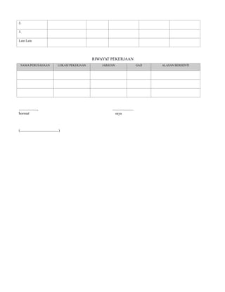 2.

3.

Lain Lain




                                                            RIWAYAT PEKERJAAN
 NAMA PERUSAHAAN                         LOKASI PEKERJAAN       JABATAN                        GAJI   ALASAN BERHENTI




....................,                                                .......................
hormat                                                                  saya



(..........................................)
 