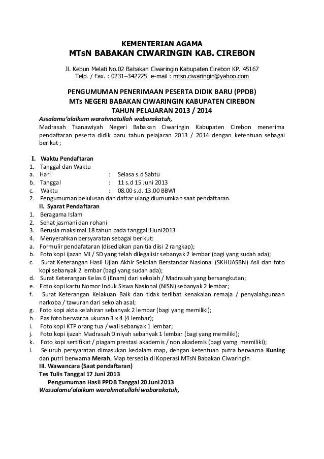 n formulir MTs.N Pendaftaran Formulir Ciwaringin