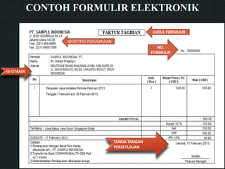 CONTOH FORMULIR ELEKTRONIK
ISI UTAMA
TANDA TANGAN
PERSETUJUAN
IDENTITAS PERUSAHAAN
NO.
FORMULIR
JUDUL FORMULIR
 