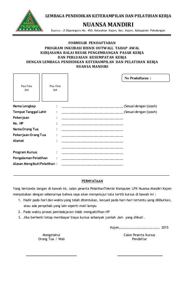 Formulir pendaftaran pelatihan