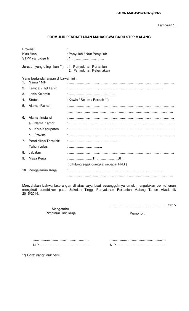 Formulir Pendaftaran Mahasiswa Baru STPP Malang 2015 (PNS)