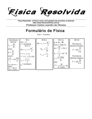 Física Resolvida - A Física como você gostaria de encontrar na Internet
http://www.fisicaresolvida.com.br
Professor Carlos Leandro de Oliveira
Formulário de Física
 