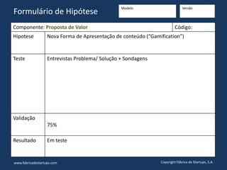 Componente: Proposta de Valor Código:
Hipotese Nova Forma de Apresentação de conteúdo (“Gamification”)
Teste Entrevistas Problema/ Solução + Sondagens
Validação
75%
Resultado Em teste
www.fabricadestartups.com Copyright Fábrica de Startups, S.A.
Formulário de Hipótese
Modelo Versão
 