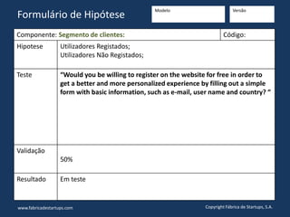 Componente: Segmento de clientes: Código:
Hipotese Utilizadores Registados;
Utilizadores Não Registados;
Teste “Would you be willing to register on the website for free in order to
get a better and more personalized experience by filling out a simple
form with basic information, such as e-mail, user name and country? “
Validação
50%
Resultado Em teste
www.fabricadestartups.com Copyright Fábrica de Startups, S.A.
Formulário de Hipótese
Modelo Versão
 